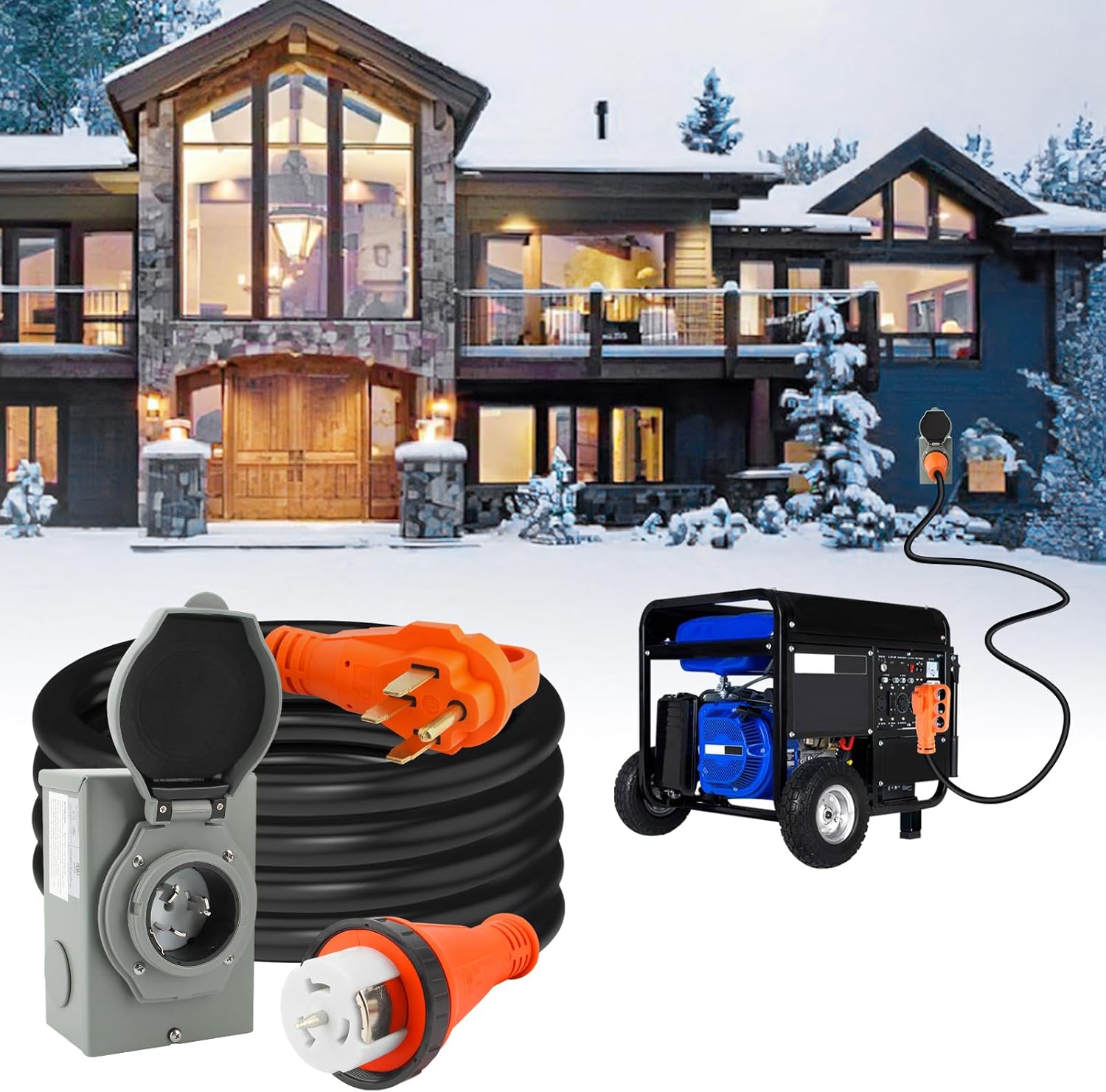 50 Amp 15 FT Generator Cord Power Inlet Box Combo Kit, NEMA 14-50P to SS2-50R STW 6/3+8/1 AWG 125/250V Twist Lock Pre-Drilled Inlet Box, Generator to House Hookup Kit, ETL Listed