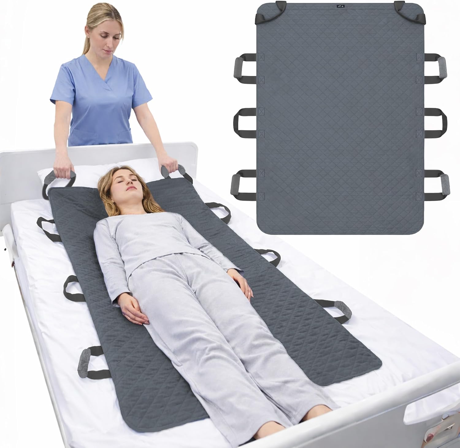 SPRING SEAON 34"x52" Positioning Bed Pad, with 8 Reinforced Handles and 4 Soft Handle Pads,Slide Sheets for Moving Patient,Double-Layer Waterproof Fabric,Machine Washable and Reusable(Gray)