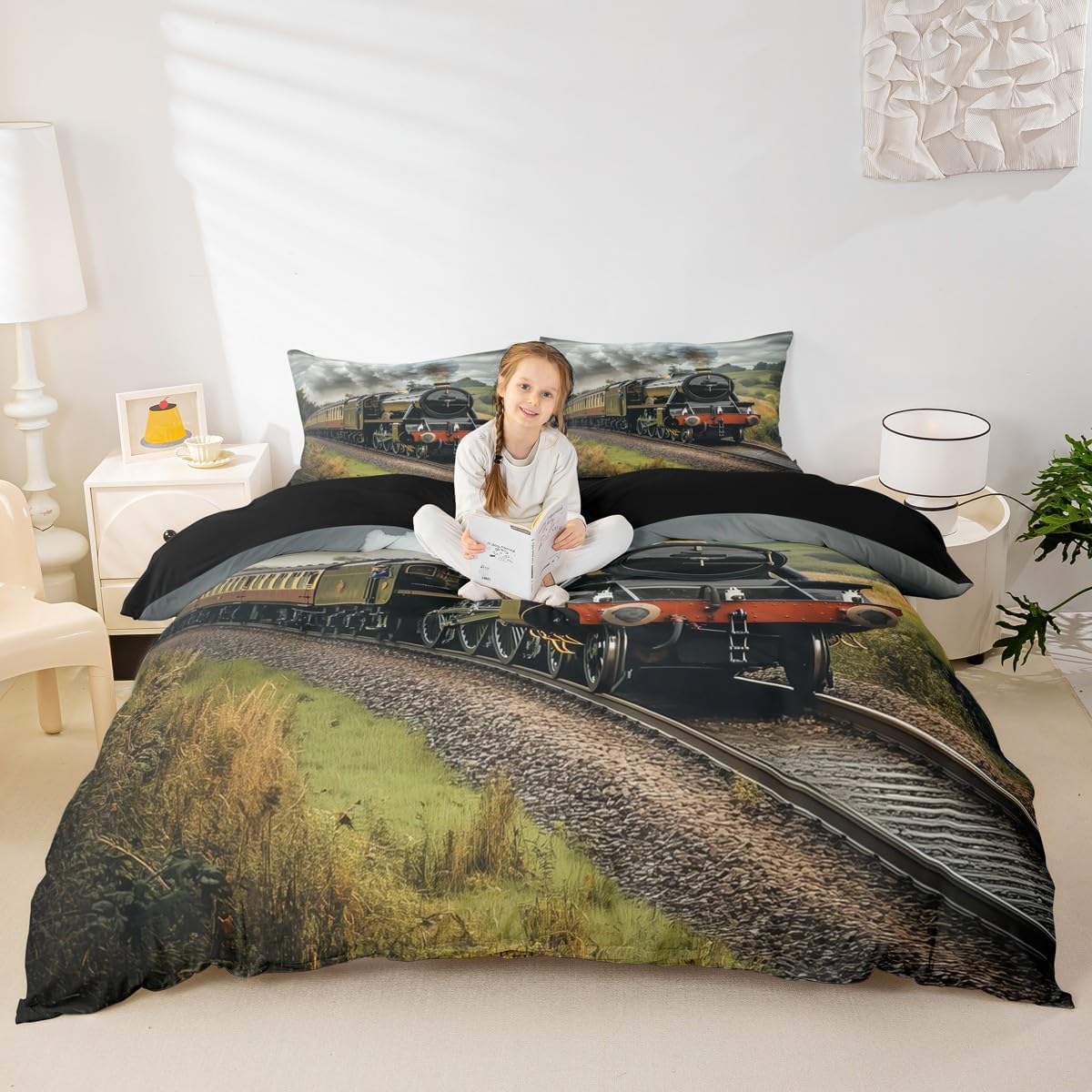 Erosebridal Kids Red Train Toddler Bedding Set Retro Steam Engine Comforter Cover for Boys Teens Vintage Locomotive Green Polar Lights Duvet Cover,Vehicles Galaxy Bed Cover,Soft