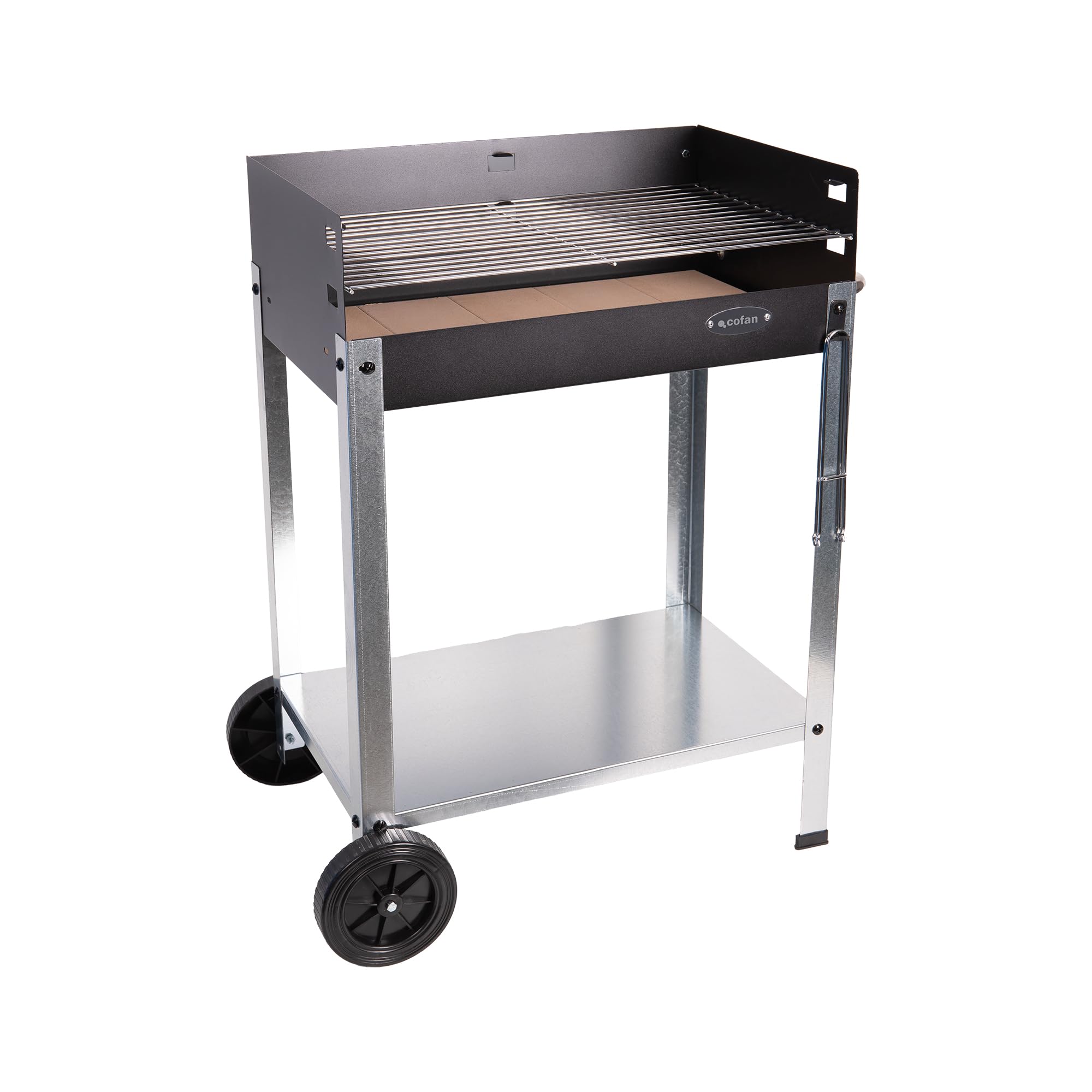 Cofan Barbacoa de carbón con ruedas | Parrilla ajustable | Con ladrillo refractario y asa lateral | Fácil transporte | Gran superficie de asado | Medidas: 56,7 x 36 x 83 cm