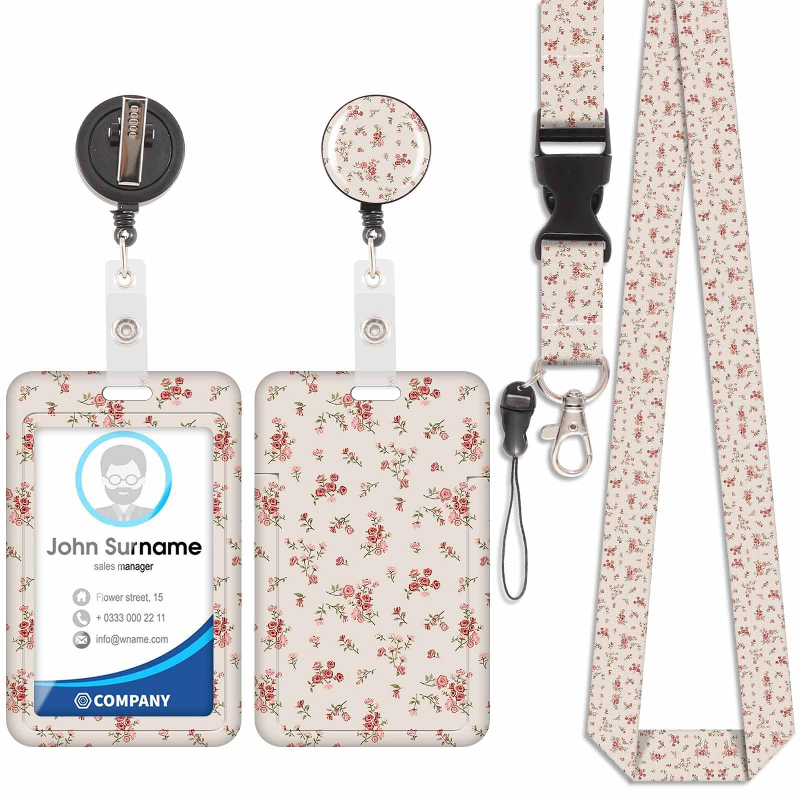 Badge Holder with Lanyard, ID Badge Holders with Detachable Cute Lanyard, Retractable Badge Reel Carabiner Clip, Personalized Vertical Card Cover Case Protector for Nurse Teacher Student (Flower-1)