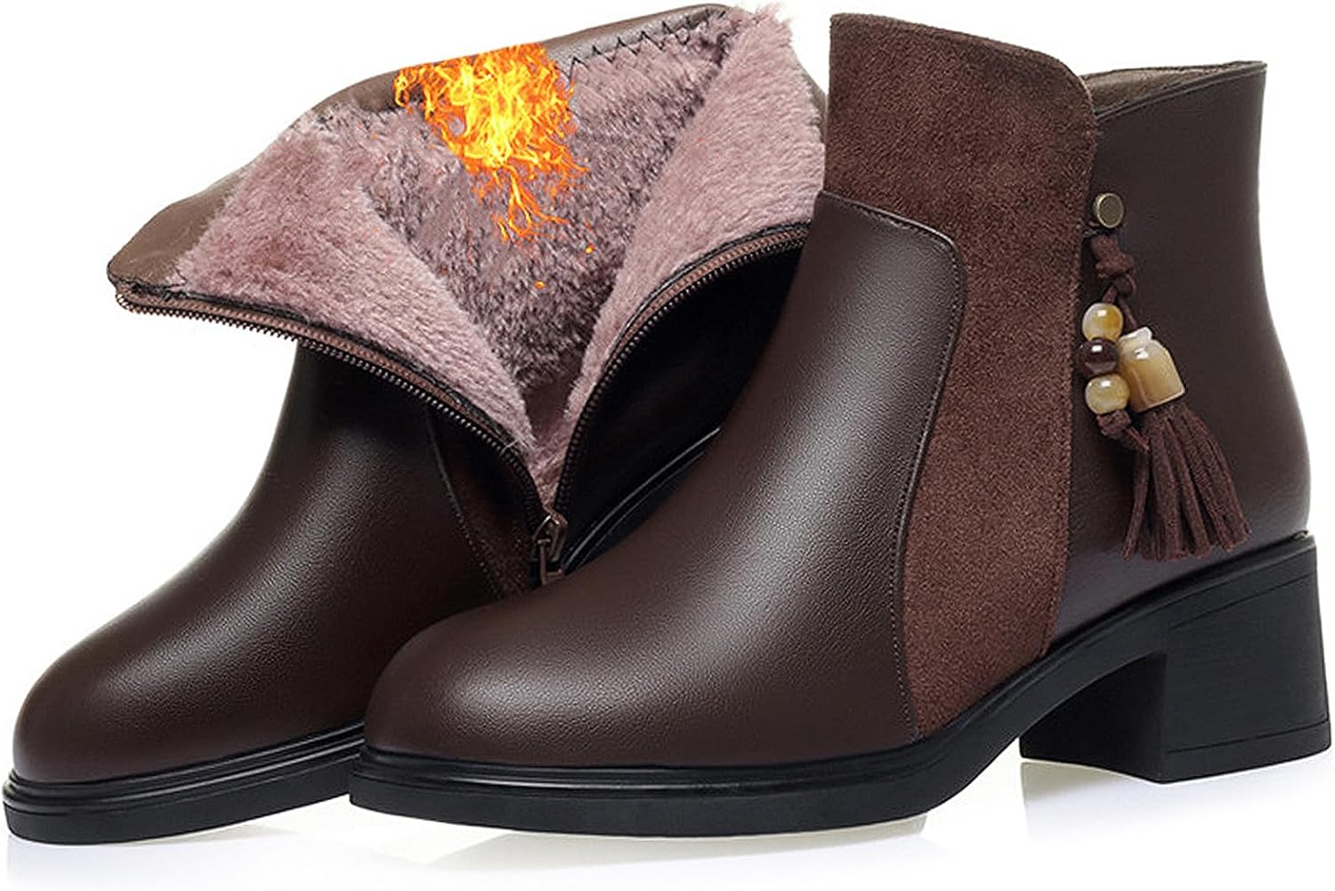 Women's Leather Side Zipper Mid Chunky Heel Winter Ankle Boots Comfortable Round Toe Warm Fur Lined Soft Sole Non-slip Booties with Tassel Dec Fashion Dress Ankle Booties