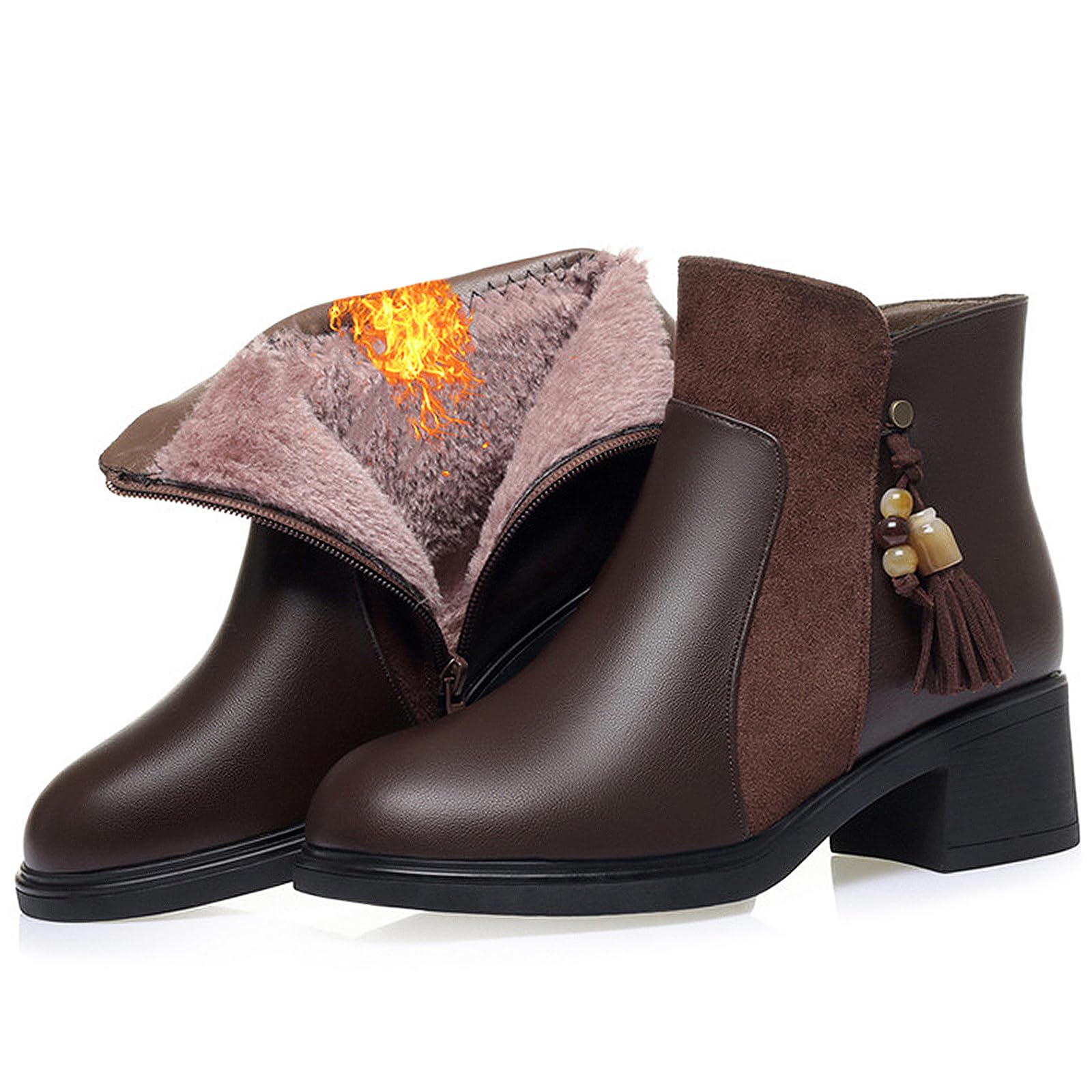 Womens Leather Side Zipper Mid Chunky Heel Winter Ankle Boots Comfortable Round Toe Warm Fur Lined Soft Sole