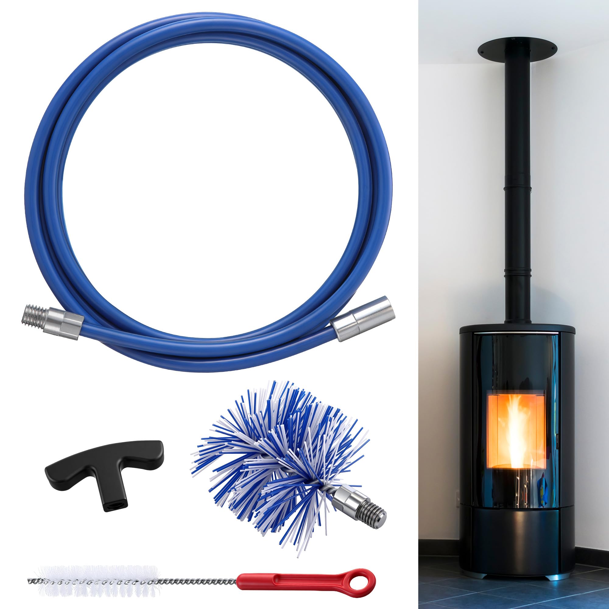Pellet Stove Cleaning Brush Kit, Flexible Rod, 10ft/4" Brush Head, Blue