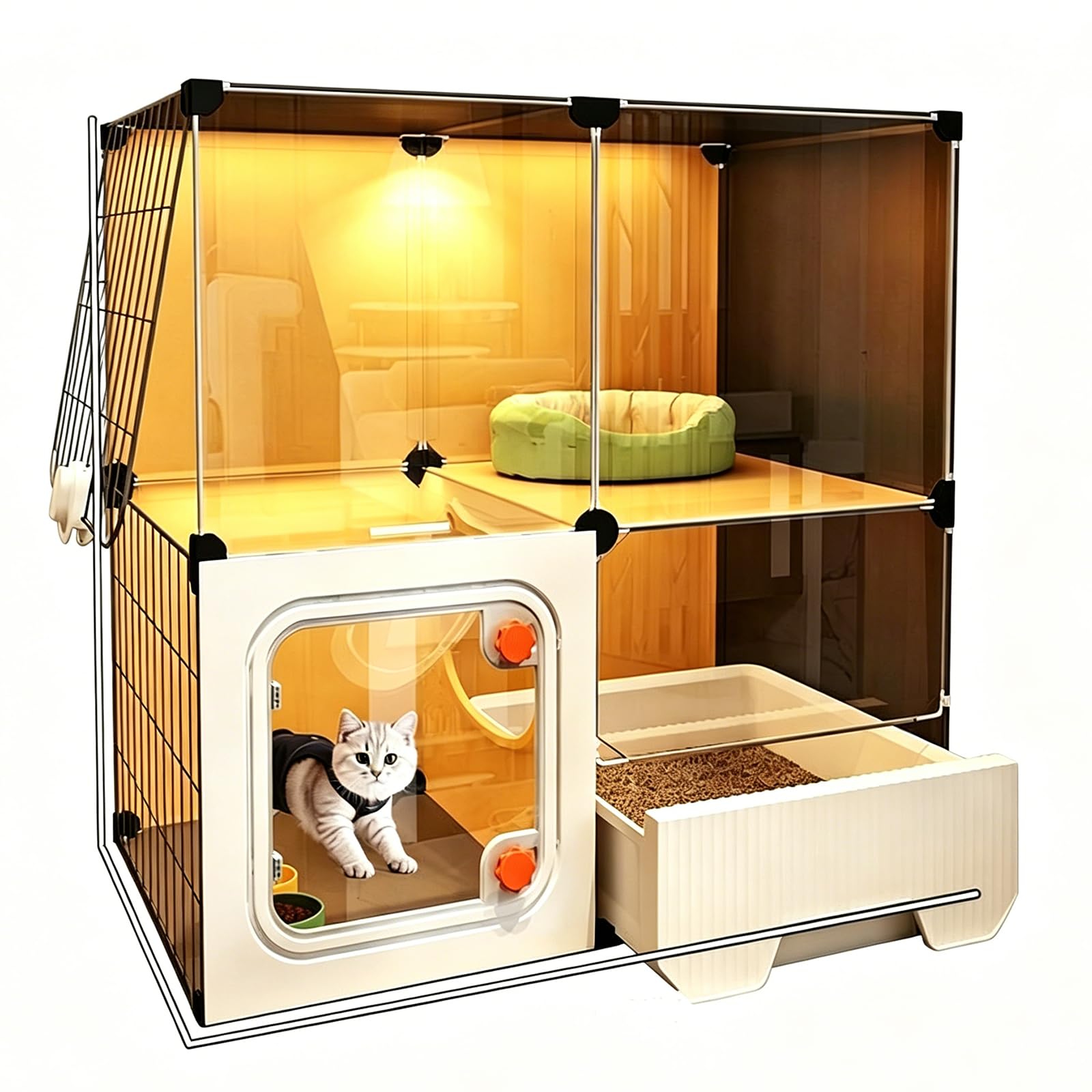 Cat House Indoor Large Cat Cage with Cats Toilet,Outdoor Cat Cages Indoor Cats Bed with Litter Box, Litter Scoop,Cat Bed,Cat Bowl,Easy Installation (I-71x46x71cm)