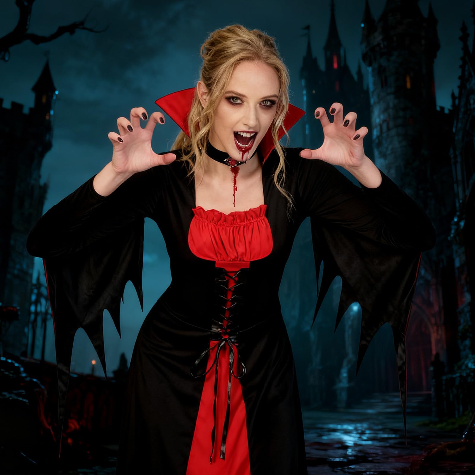 Meriviva Womens Vampire Costume, Halloween Vampire Dress Set including Collar, Witch Costume for Halloween Carnival Party Dress Up (XL) - Image 3