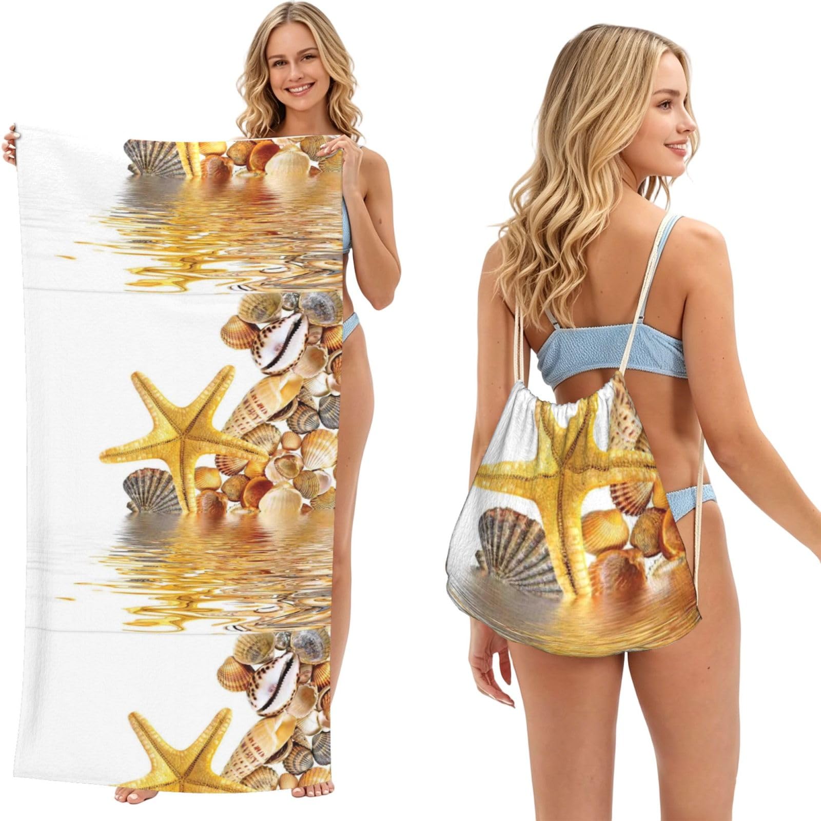 Poadnly As Picture Starfish, 2 In 1 Packable Towel Bag, Beach Towels With Drawstring Backpack For Travel Holiday Camping