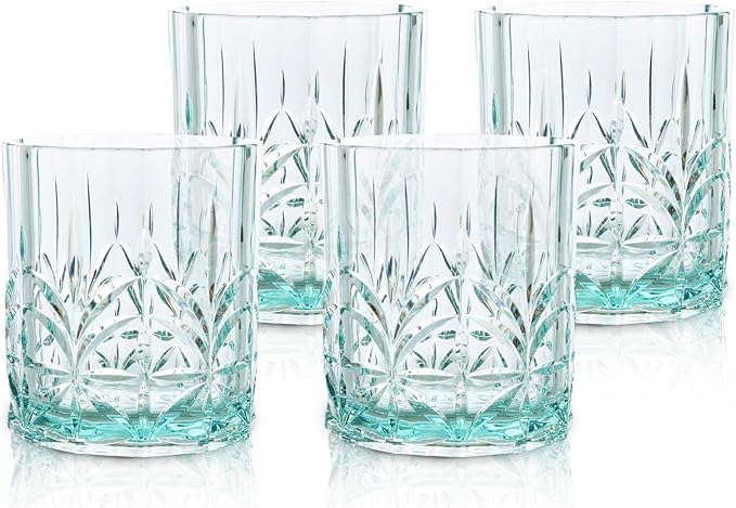 BELLAFORTE Shatterproof Tritan Plastic Short Tumbler, Set of 4, 13oz - Myrtle Beach Unbreakable Crystal Cut Old Fashioned Drinking Glasses for Whiskey - BPA Free - Dishwasher Safe - Teal