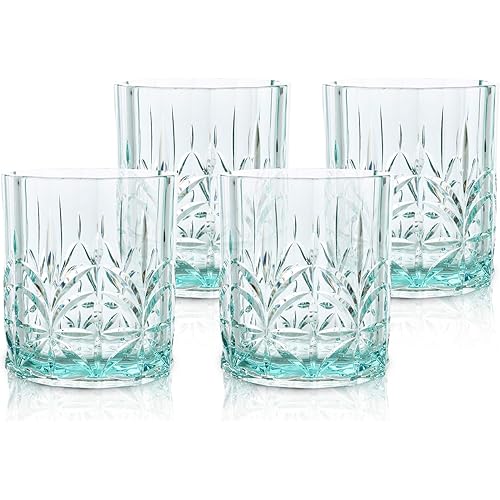 BELLAFORTE Shatterproof Tritan Plastic Short Tumbler, Set of 4, 13oz - Myrtle Beach Unbreakable Crystal Cut Old Fashioned Drinking Glasses for Whiskey - BPA Free - Dishwasher Safe - Teal