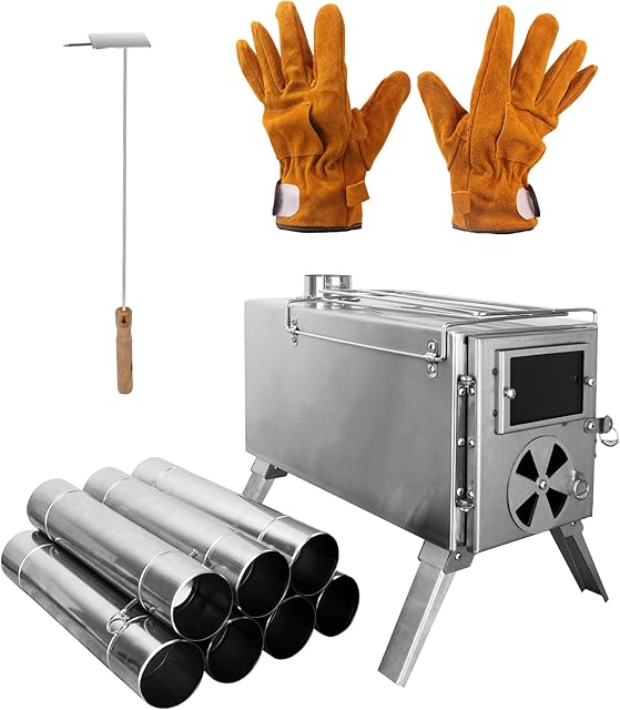 Tent Stove Wood Burning Stove, SOPPY Portable Camping Tent Stove, Stainless Steel Tent Wood Stove with Chimney Pipes Portable Camping Cookware for Camping Heating Lodging Cooking, Silver