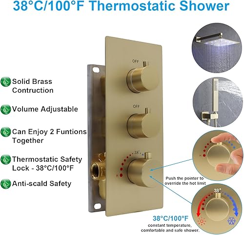 Miniatura 10 de HOMEDEC Válvula desviadora de ducha de 2 vías de latón de doble función, kit de válvula de mezcla de ducha termostática de 3 manijas, entrada de 34