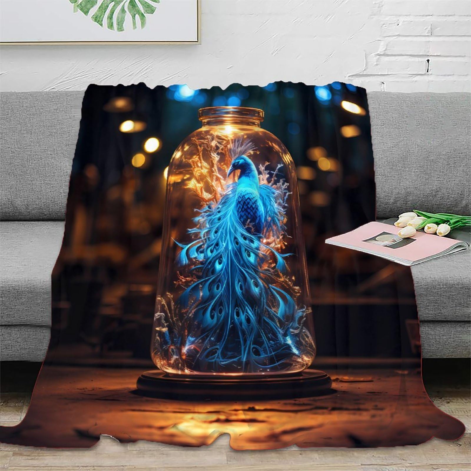 Plaid art bleu paon en microfibre moelleuse design haut de gamme