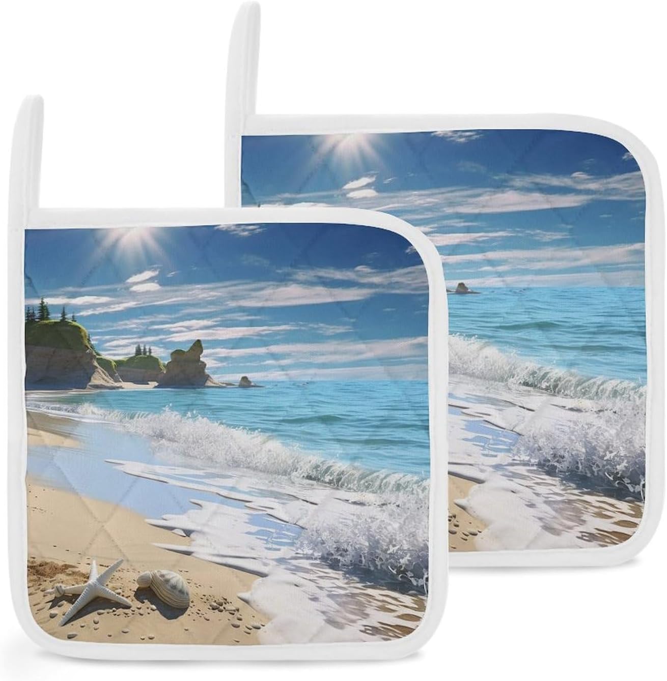 Square Potholders 2-Piece Set,Ocean Beach Printed Kitchen Insulation Mats Heat-Resistant Non-Slip Insulation Mats with Hanging Rings for Kitchen Cooking Baking BBQ