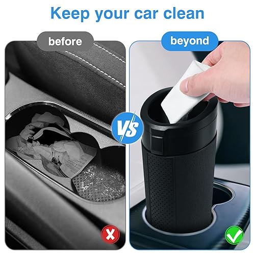 Miniatura 6 de Cubo de basura para automóvil con tapa, paquete de 2 mini botes de basura a prueba de fugas para vehículos, portavasos, cubo de basura pequeño para