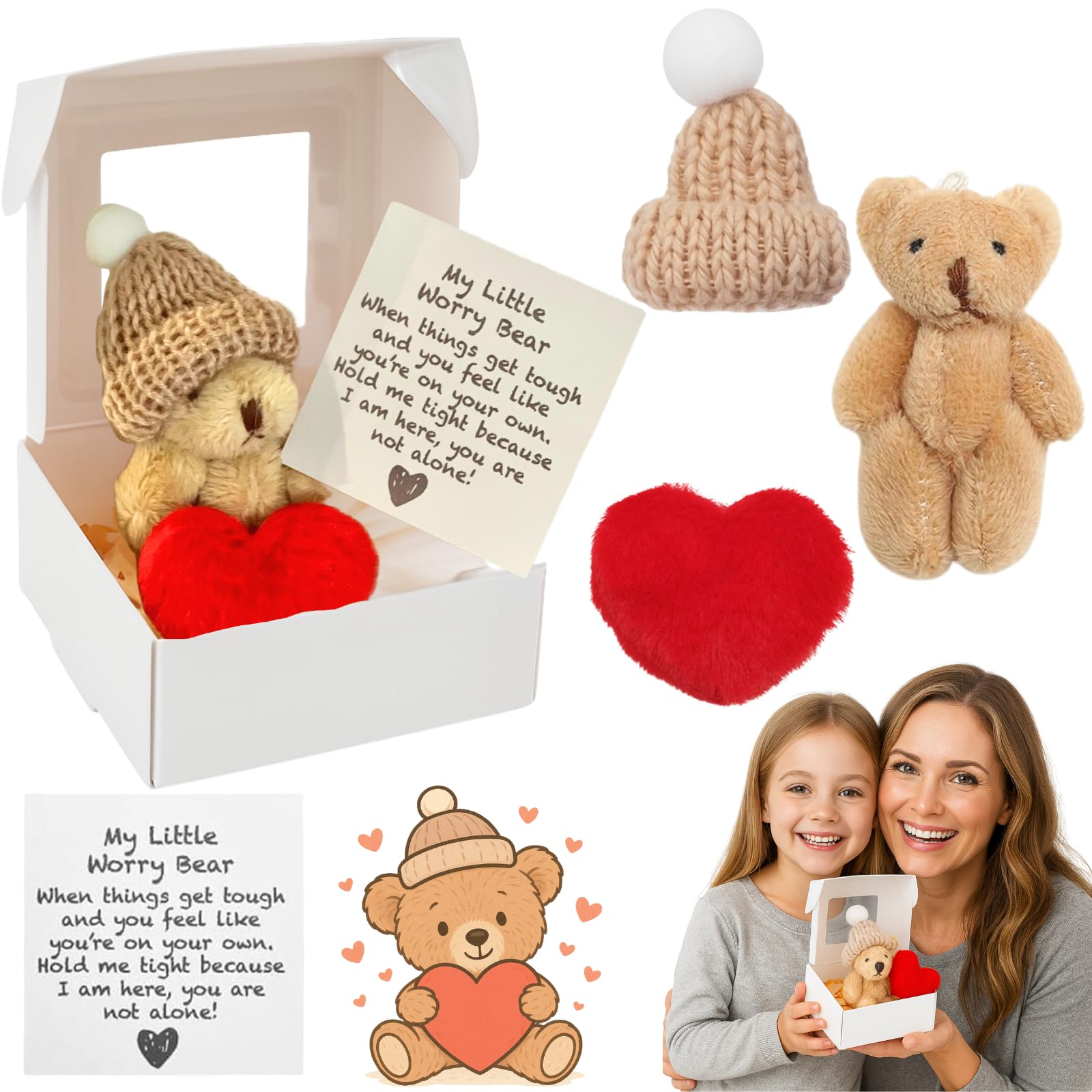 JULI Little Teddy Bear Hug in a BoxPocket Worry Bear with Red Heart & Comfort Card, Emotional Support Plush Toy, Positive Pocket Hug Gift for Kids & Adults, Stress Relief Stuffed Animal, Comfort Gift