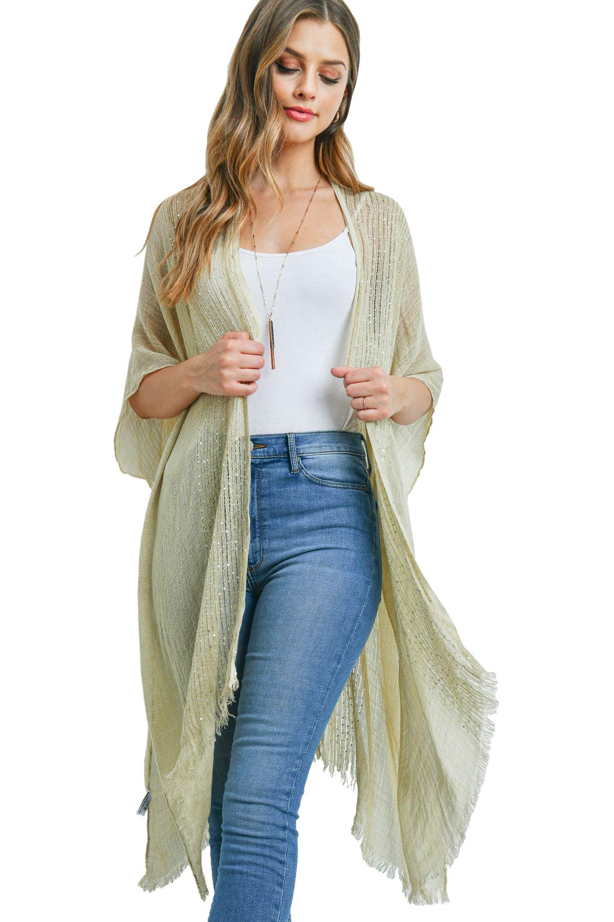 RIAH FASHION Bohemian Sequin Glitter Shawl Wrap Poncho - Kimono Cardigan, Sparkly Metallic Mesh Scarf, Open Knit Crochet