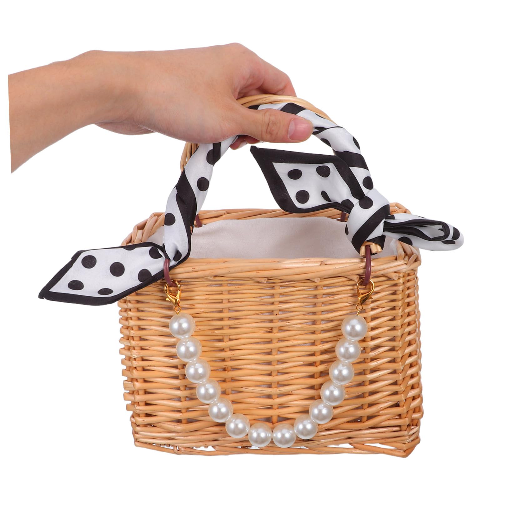 Cabilock Handgefertigter Rattan-blumenkorb mit Perlenhenkel Geflochtene Blumentasche Vielseitiger Korb für Hochzeit Garten Picknick und Strand Dekorativ und Praktisch