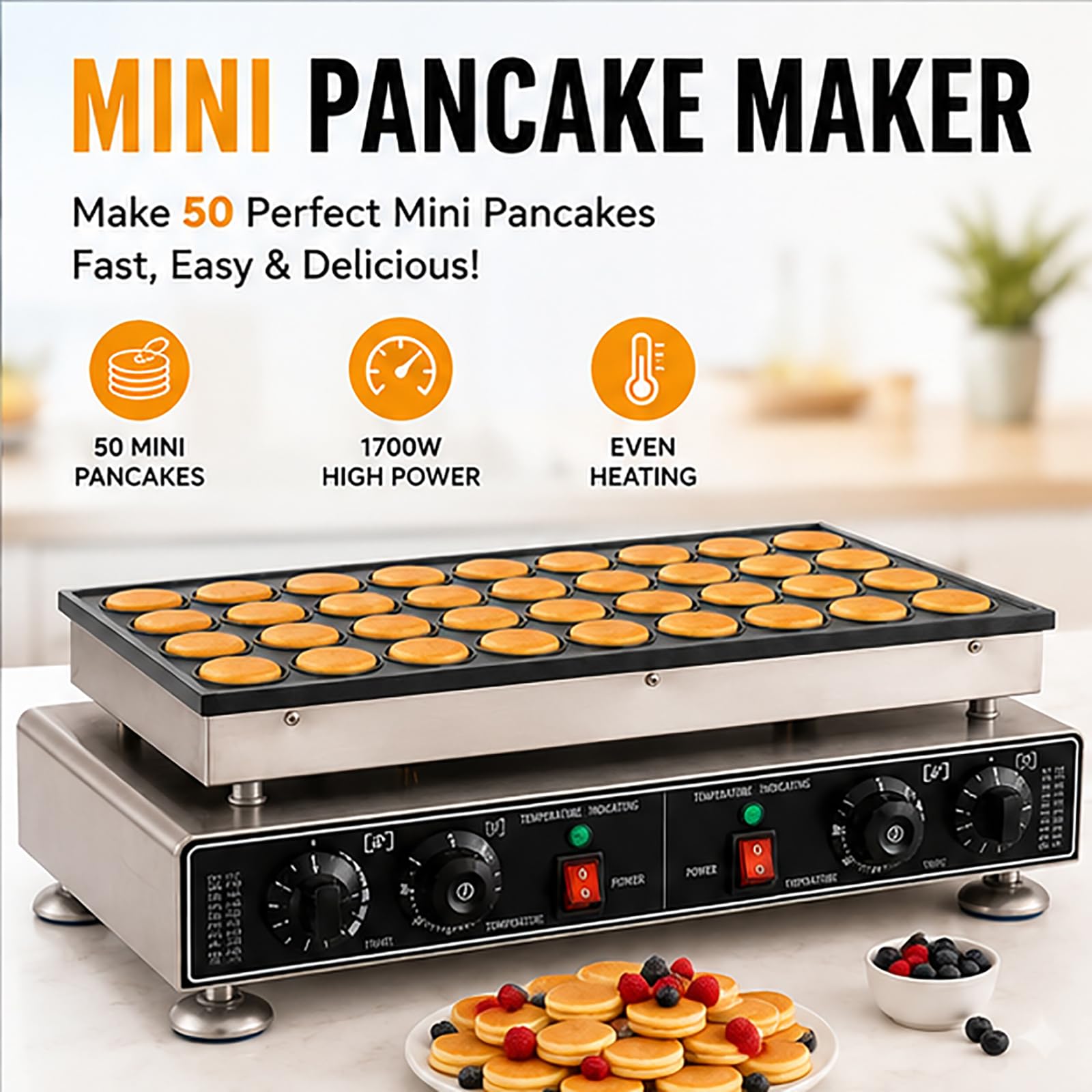 Máquina para hacer mini panqueques, horno holandés de poffertjes antiadherente, gofrera profesional con termostatos independientes, parrilla de muffins de acero inoxidable 25-hole