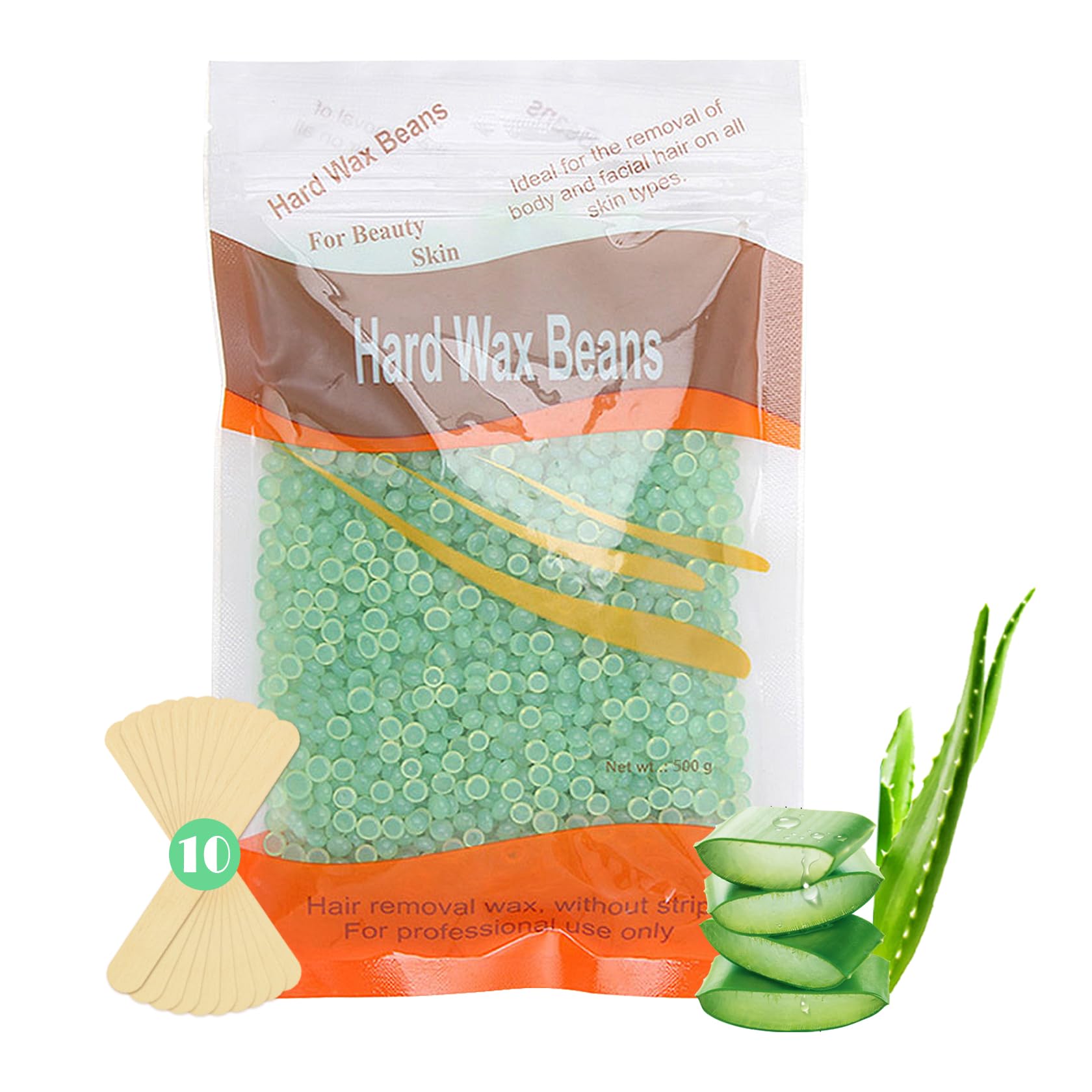 Aloe Vera Hard Wax Beads for Hair Removal 1.1 lb,Wax Beads and 10 Wood Sticks,Gentle Waxing Bead for Face,Back,Legs,Bikini and Armpit,At Home Waxing Kit for Women Men