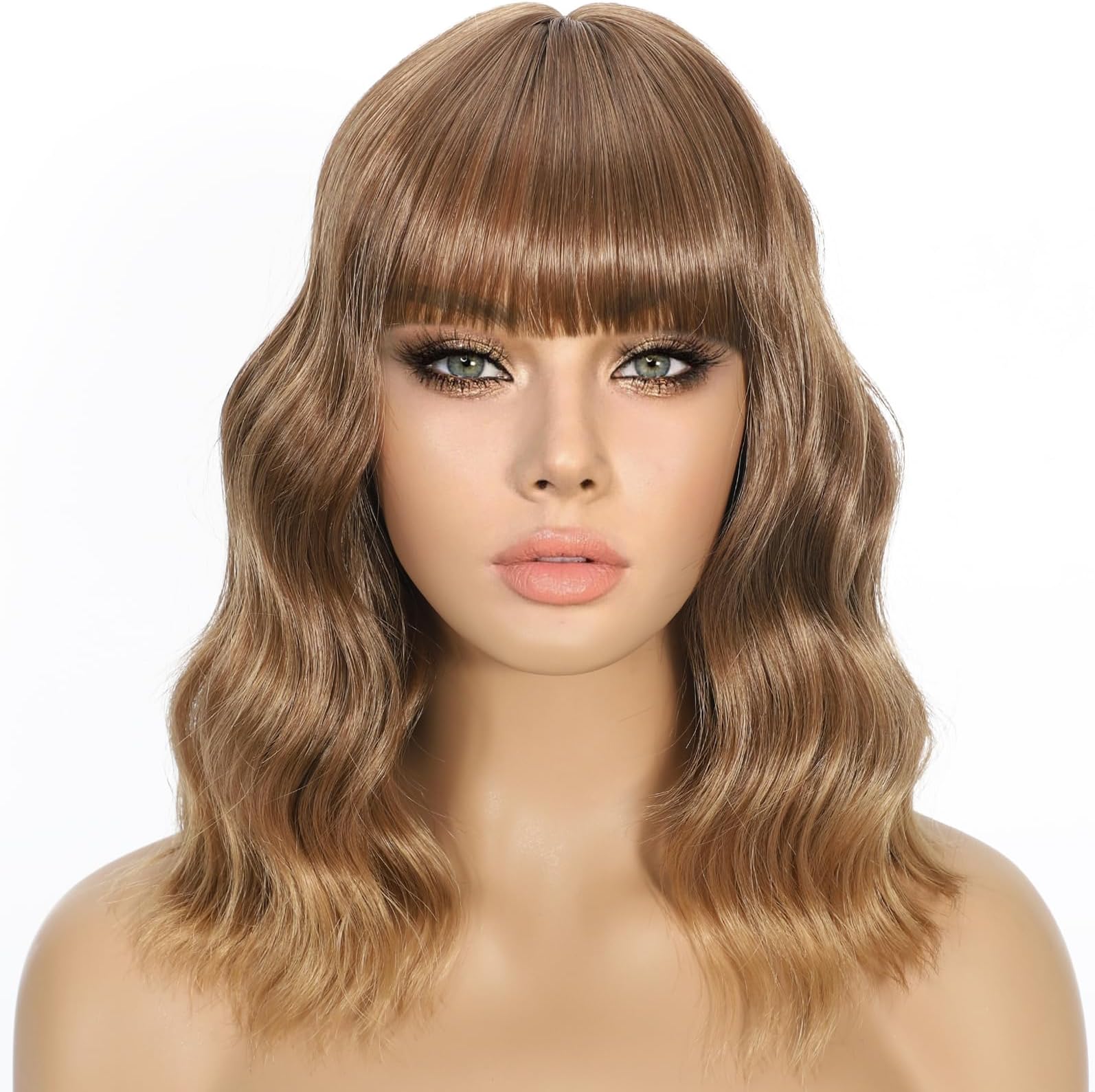 Wavy Wig with Bangs Dark Brown Mix Blonde Short Curly Bob Wig for Women Highlight Style Synthetic Heat Resistant Bob Wigs for Daily Party Use (Dark Brown Mix Blonde, 14 inch)