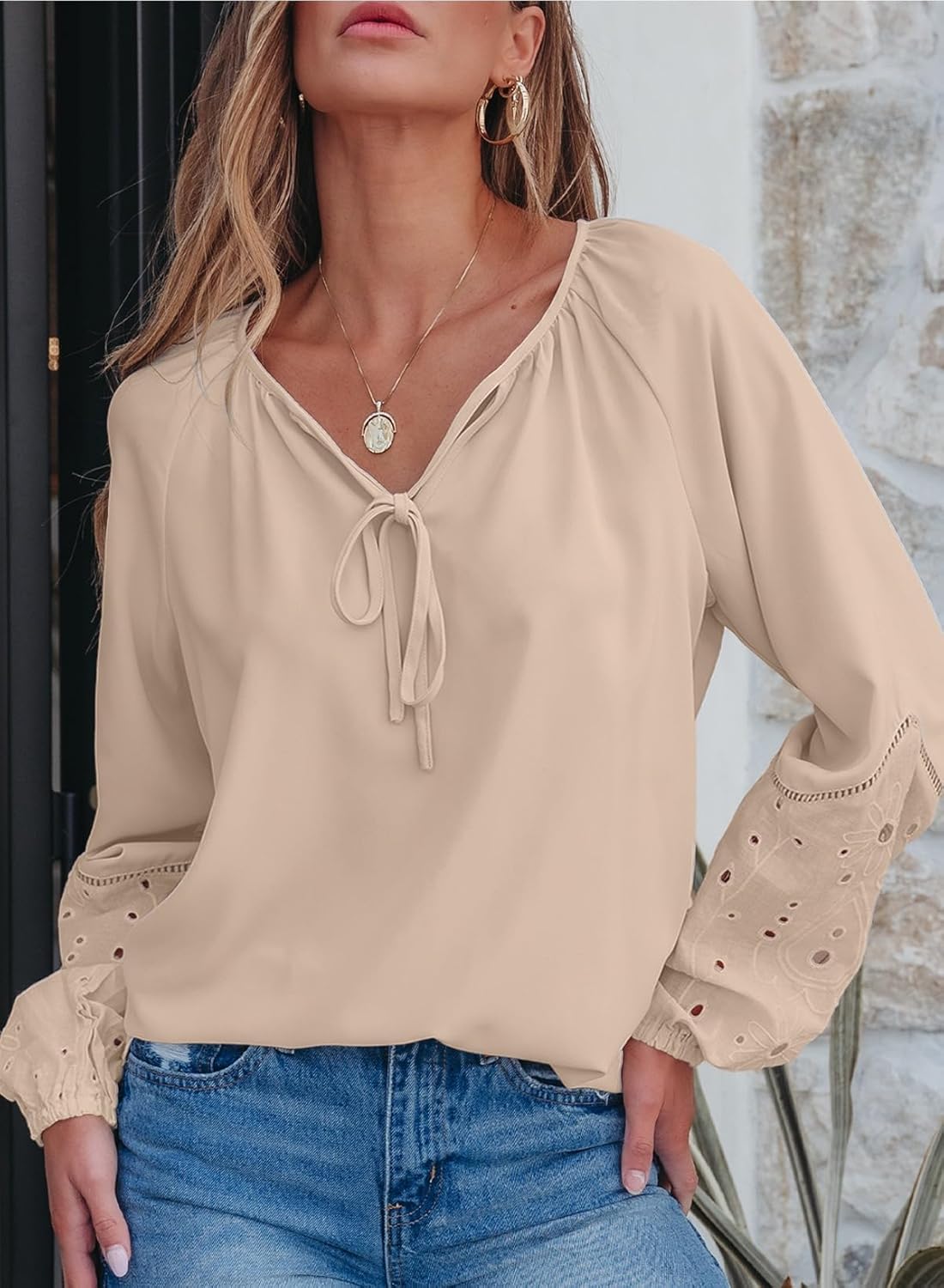 EVALESS Womens Tops Dressy Casual V Neck Long Sleeve Hollow Out Embroidered Blouses Shirts Spring Summer Outfits 2025 - Image 3