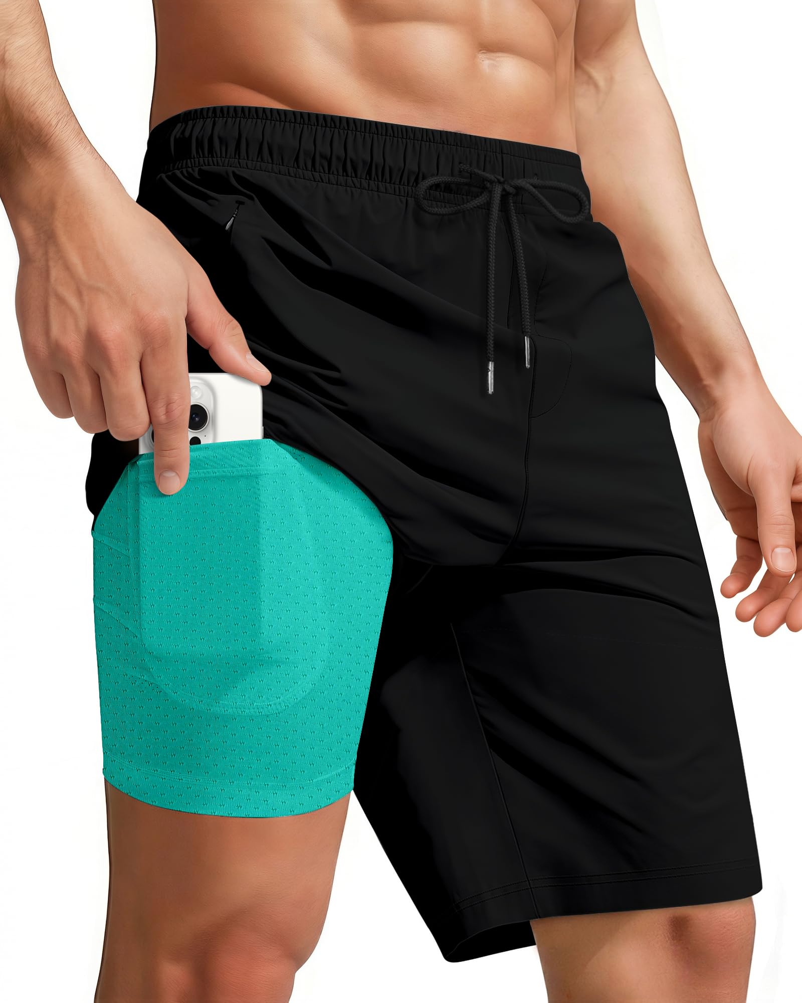 9 Inch 9in Men Swim Trunks Compression Liner Quick Dry Drawstring Male Swimwear Swimsuit Swimtrunks Boardshorts Bathing Suit Fair Beach Water Shorts Zipper Mesh Pocket Lined Inseam Harbor no Mesh