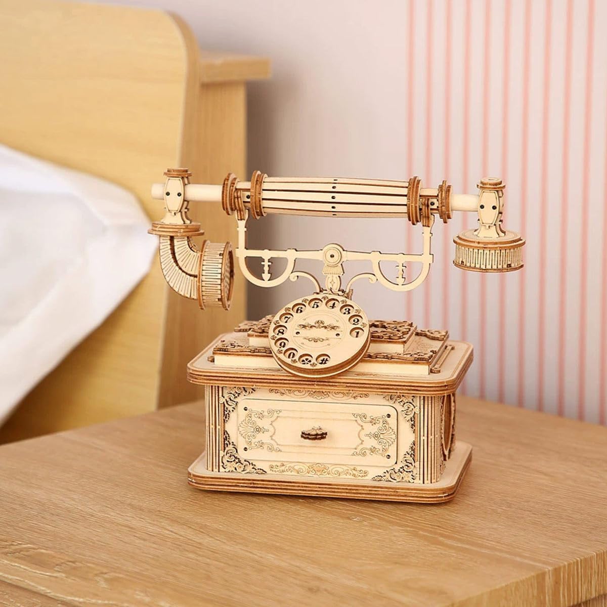 Drewniane puzzle 3D dla dorosłych, telefon retro 3D, zestaw do montażu, drewniane puzzle 3D, styl vintage, model telefonu, steampunk, telefon stołowy 3D, puzzle, drewno, zabawka, zestaw na