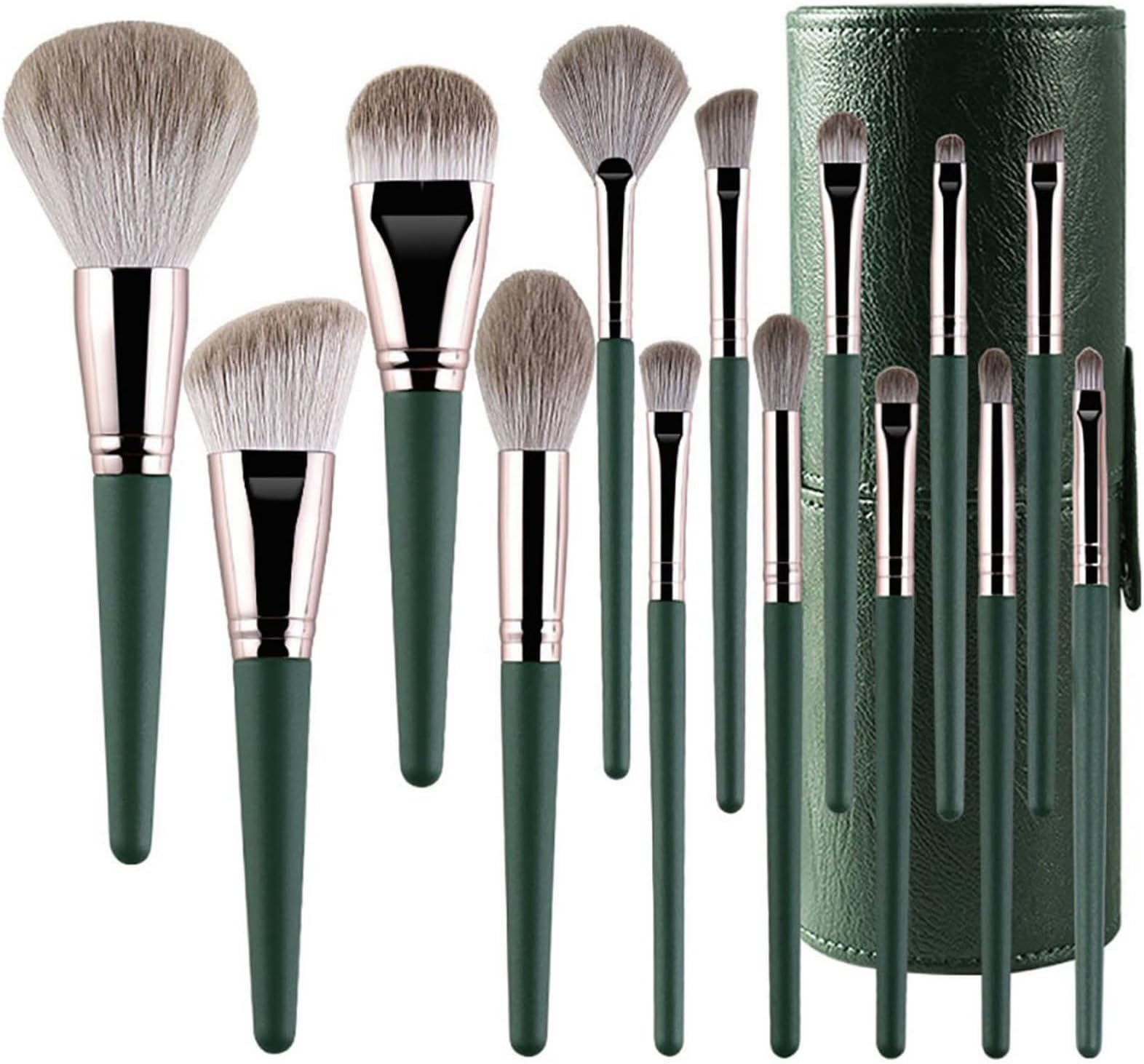 Makeup Brushes Set Powder Eyeshadow Concealer Foundation Brush Ultra Thick And Soft Fiber Wool Wooden Handle Thickened Aluminum Tube Highlighter Blending Eyebrow Line Spool Set Green 14pcs