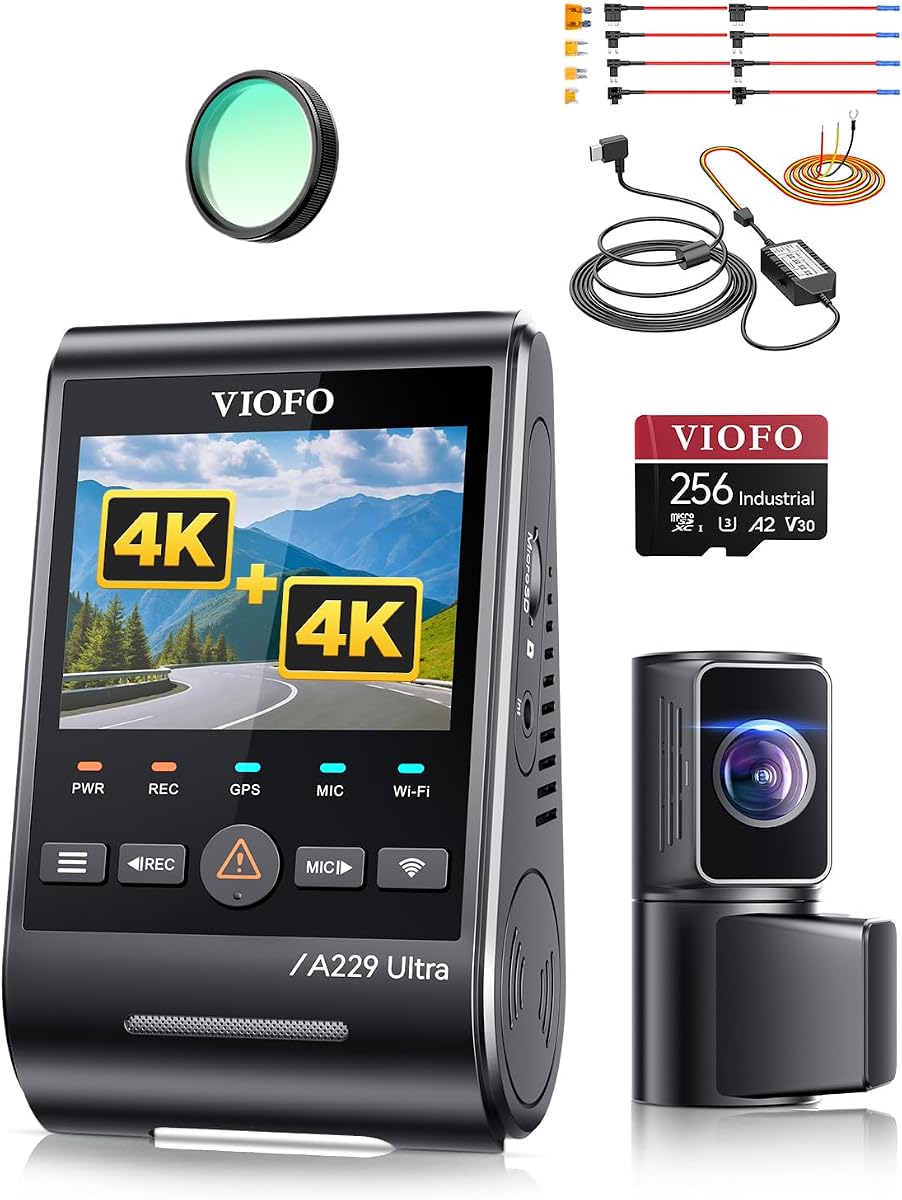 【Bundle: A229U 2CH + 256GB Card+HK4 Hardwire Kit】 VIOFO A229 Ultra 2CH Dual 4K Dash Cam Front and Rear, Dual STARVIS 2 IMX678 Sensors & 2-Channel 4K HDR