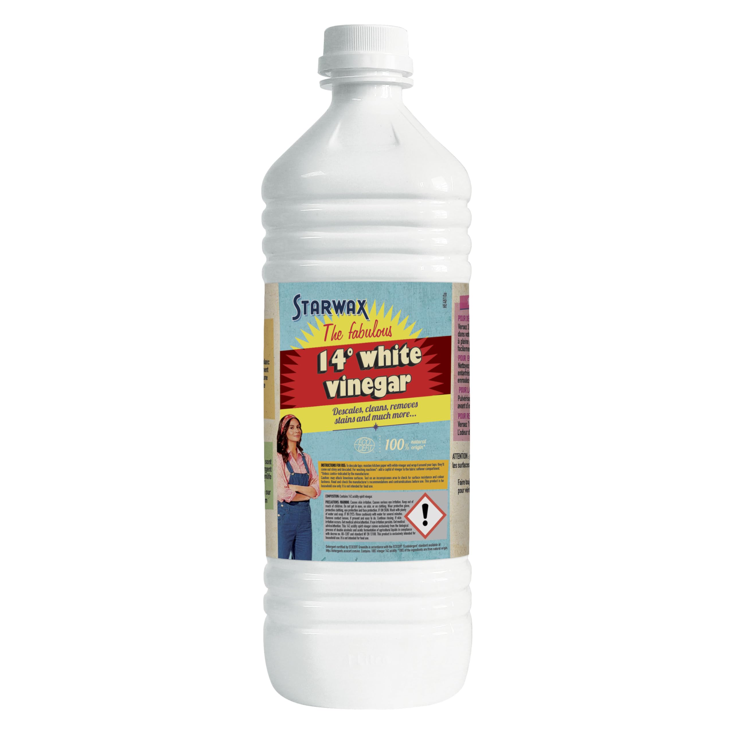 – 14° White Vinegar - Descales, Cleans and Shines - 100% Natural Origin - Practical Bottle Format - Highly Concentrated - 1L