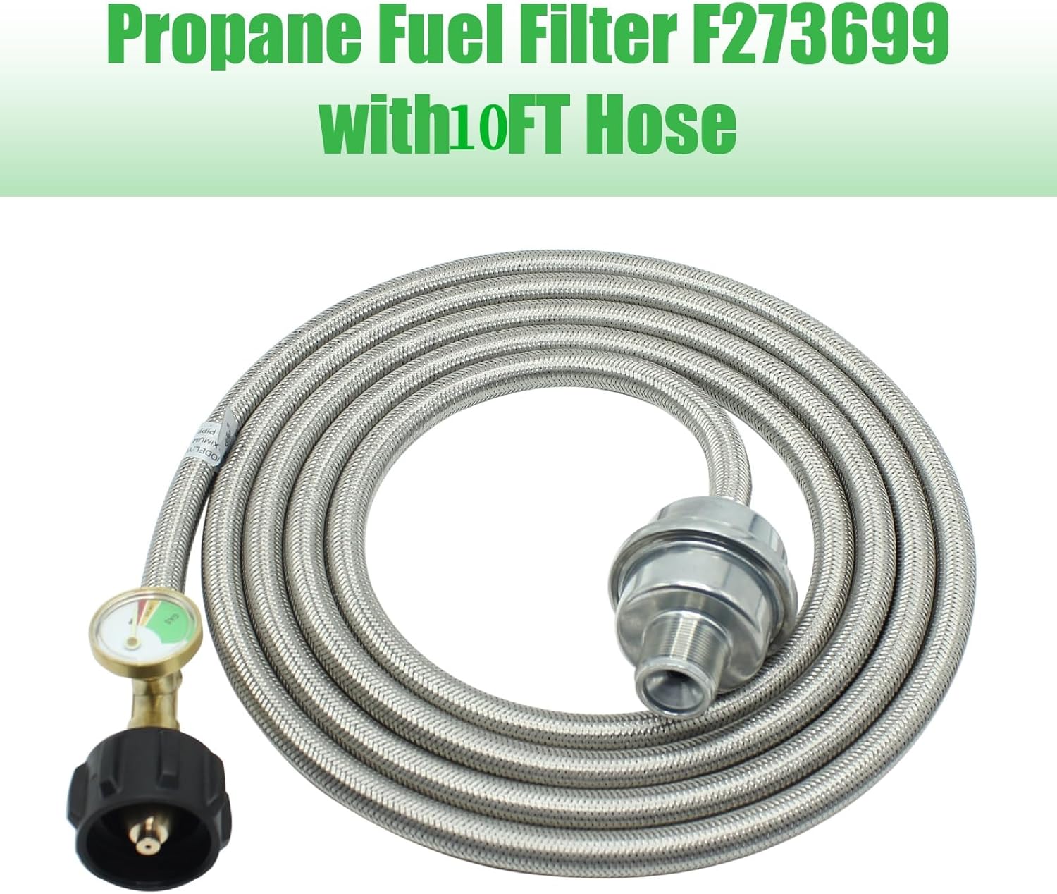 10FT Propane Fuel Filter F273699 With Hose and Gauge, Stainless Braided Propane Hose Fits for Mr Heater Buddy and Big Buddy,Connect to 5-40 Lb Propane Tanks