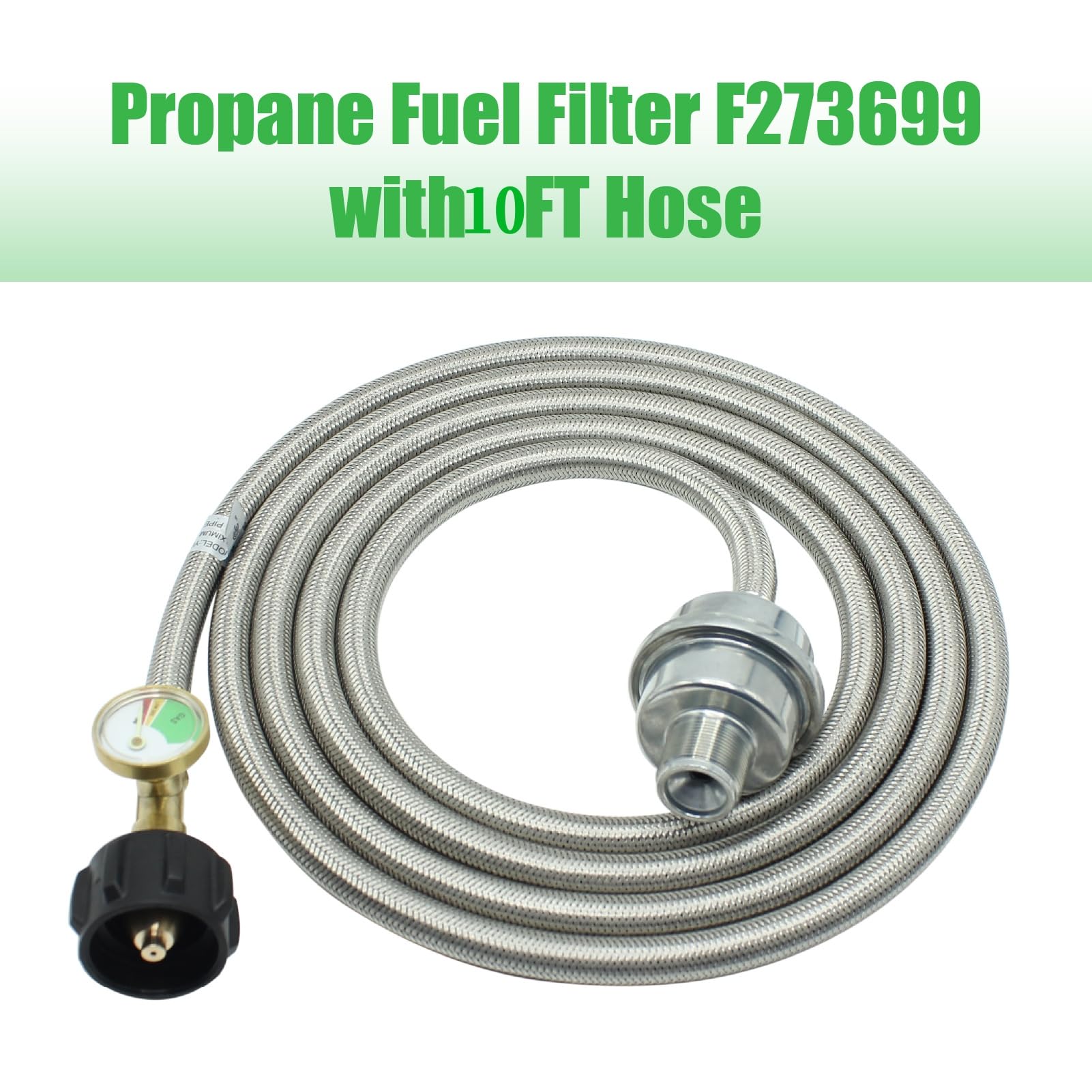 Filtro carburante propano da 3 m F273699 con tubo e manometro, tubo in acciaio inox intrecciato per propano adatto per Mr Heater Buddy e Big Buddy, da collegare a serbatoi di propano da 2,3 a
