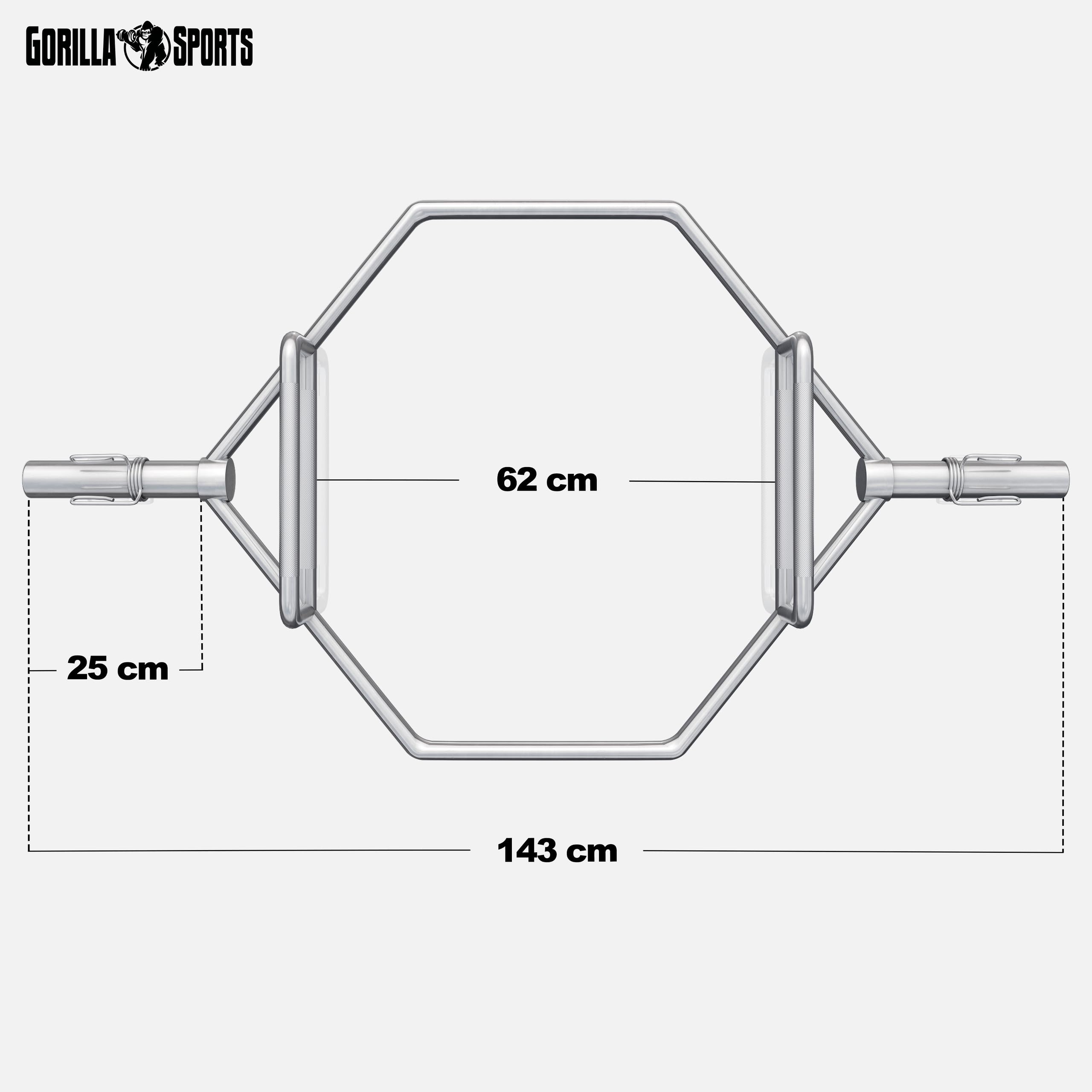 Gorilla Sports® Barre Hexagonale - Olympique, Ø 50mm, Capacité de Poids 270 kg, Acier Chromé - Trap Bar, Shrug Bar, Barre De Levage De Haltères, pour Squats, Deadlift, Haltérophilie, Gym, Domicile