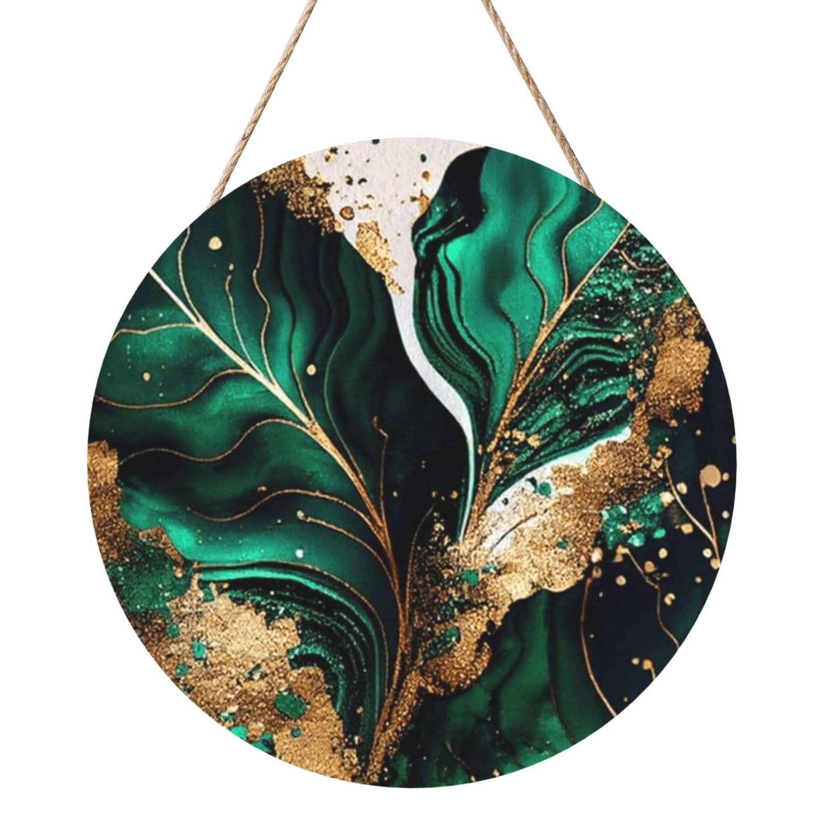 InOmak Emerald Green Marble, Round Wood Panel Painting 12 in, Wall Hanging Painting For Home