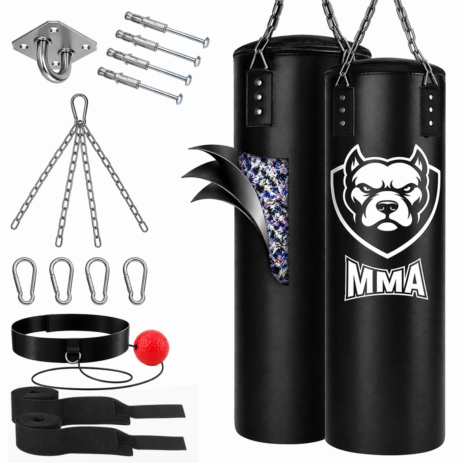 Boxsack Komplett-Set - Nachfüllbar Deckenbefestigung Boxbandagen & Reflexball inklusive Hängender Punching Bag für Box Kickbox MMA Muay Thai Ideal für Zuhause Erwachsene & Jugendliche