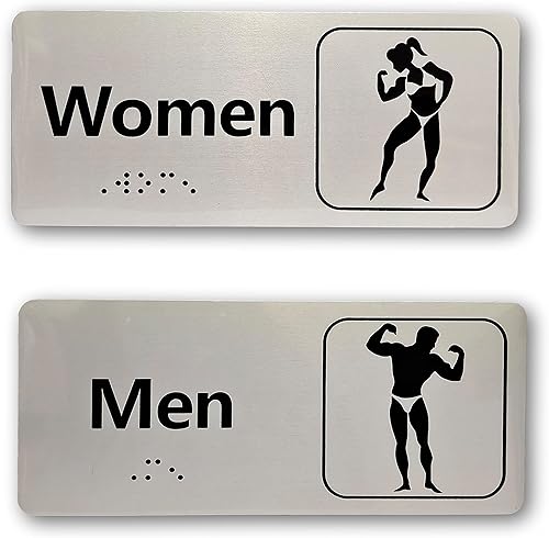 Miniatura 2 de Letreros personalizados para baño de hombres y mujeres con Braille (juego de 2)  Letreros de baño de aluminio cepillado, 7 x 3 pulgadas con cinta de