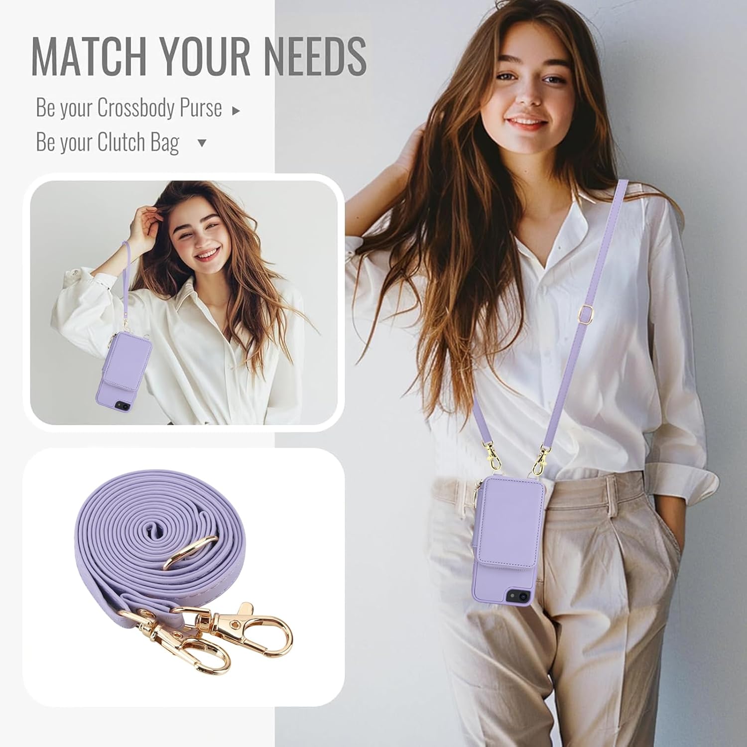 Phone Case for iPhone 6/6s/7/8/SE 2020 2022 Wallet Cell Cover with Screen Protector Crossbody Strap RFID Blocking Card Holder i Six Seven 6a i6 i7 i8 7s 8s SE2020 SE2 2 SE2022 SE3 3 Women Men Purple