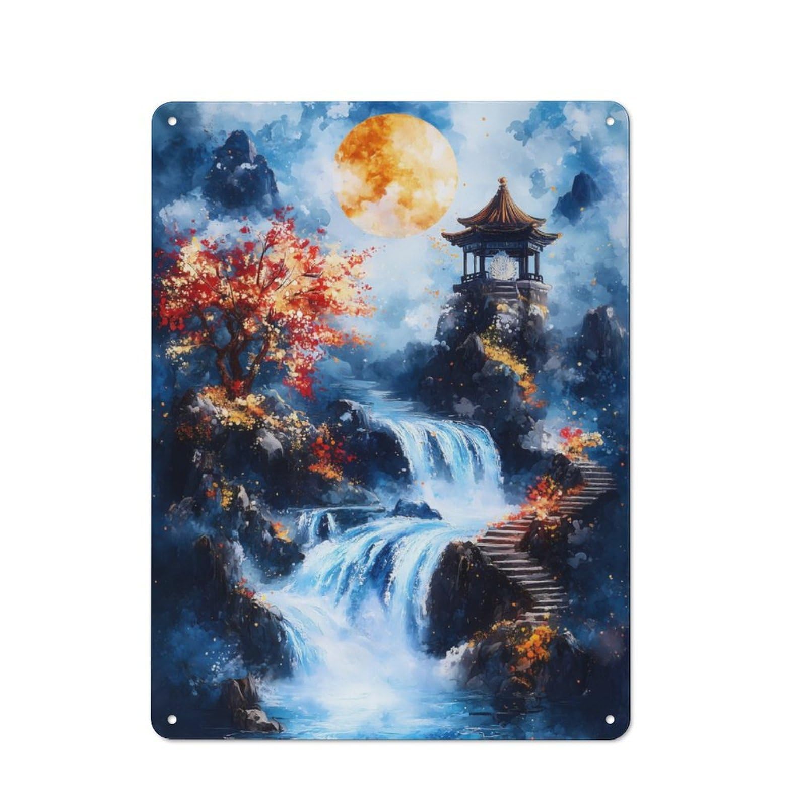 Junmoney Waterfall Under Full Moon Tin Wall Plaque 40X30cm With For Bar Or Restaurant, Suited To Bar Decor Enthusiasts