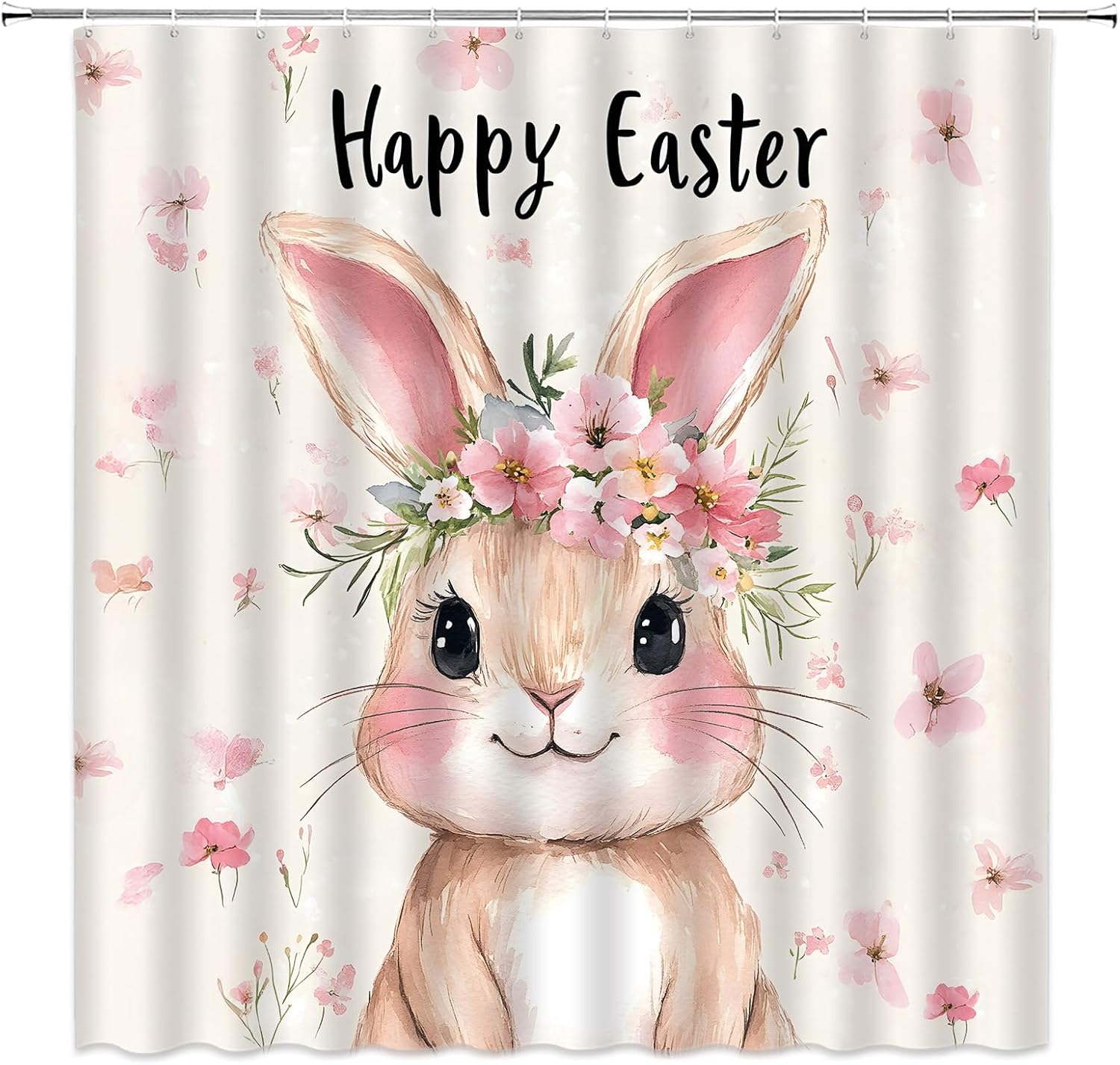 Easter Rabbit Shower Curtain Spring Cute Bunny Eggs Watercolor Floral Farmhouse Rustic Festival Home Fabric Bathroom Decor Set Include Hooks,(70" Wx74.8 H)