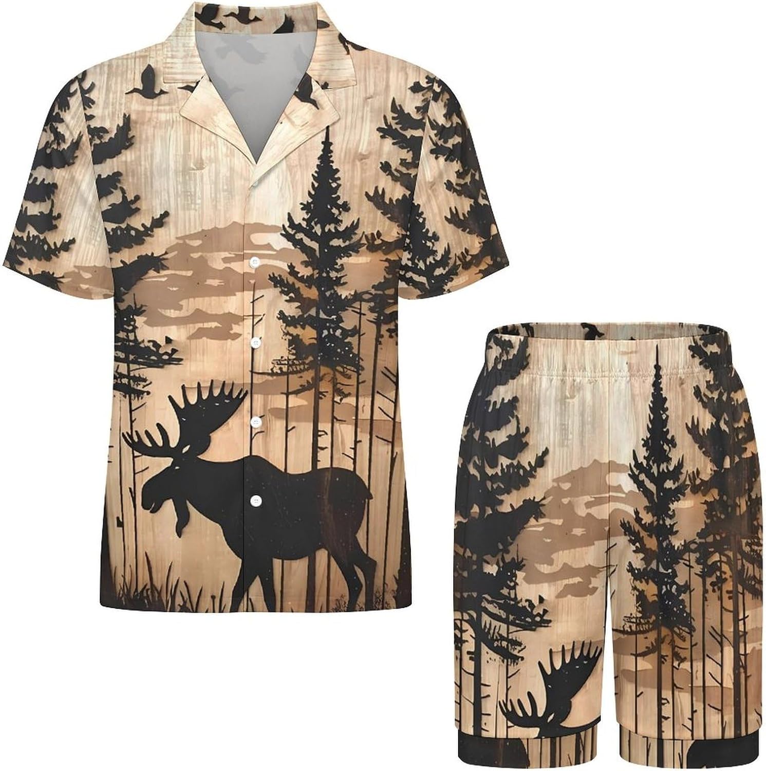Moose Woodland Hunting Eagle1 Men's Short Sleeve Pajama Set Satin Silk Like Lounge Sleepwear