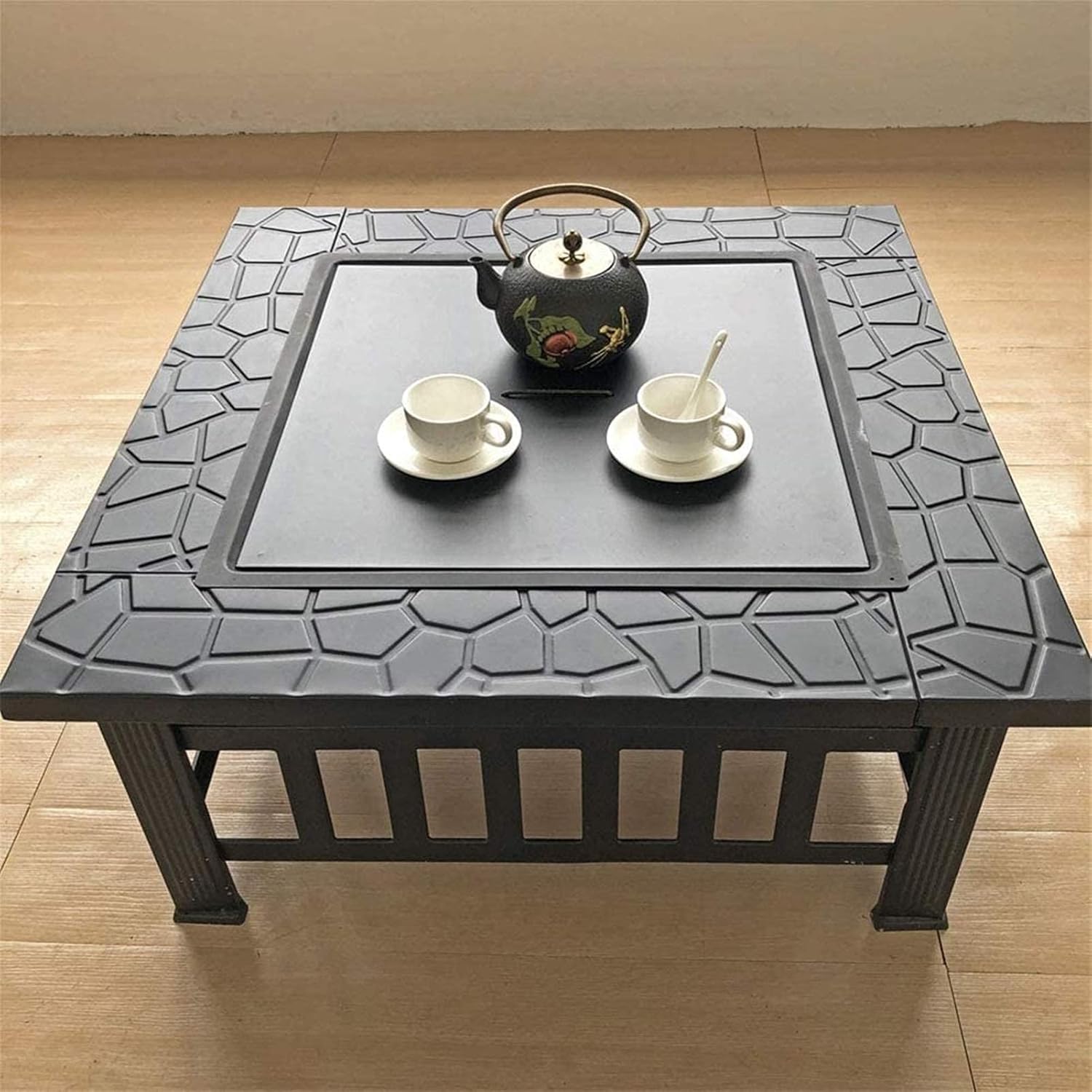 Garden Fire Pit Grill Bowl Grill Barbecue Rack Fire Pit Table with BBQ Grill Shelf, Square Firepit for Barbecue Heater, Ice Pit, Metal Brazier for Patio Outdoor, with Waterproof Cover Fire Pit