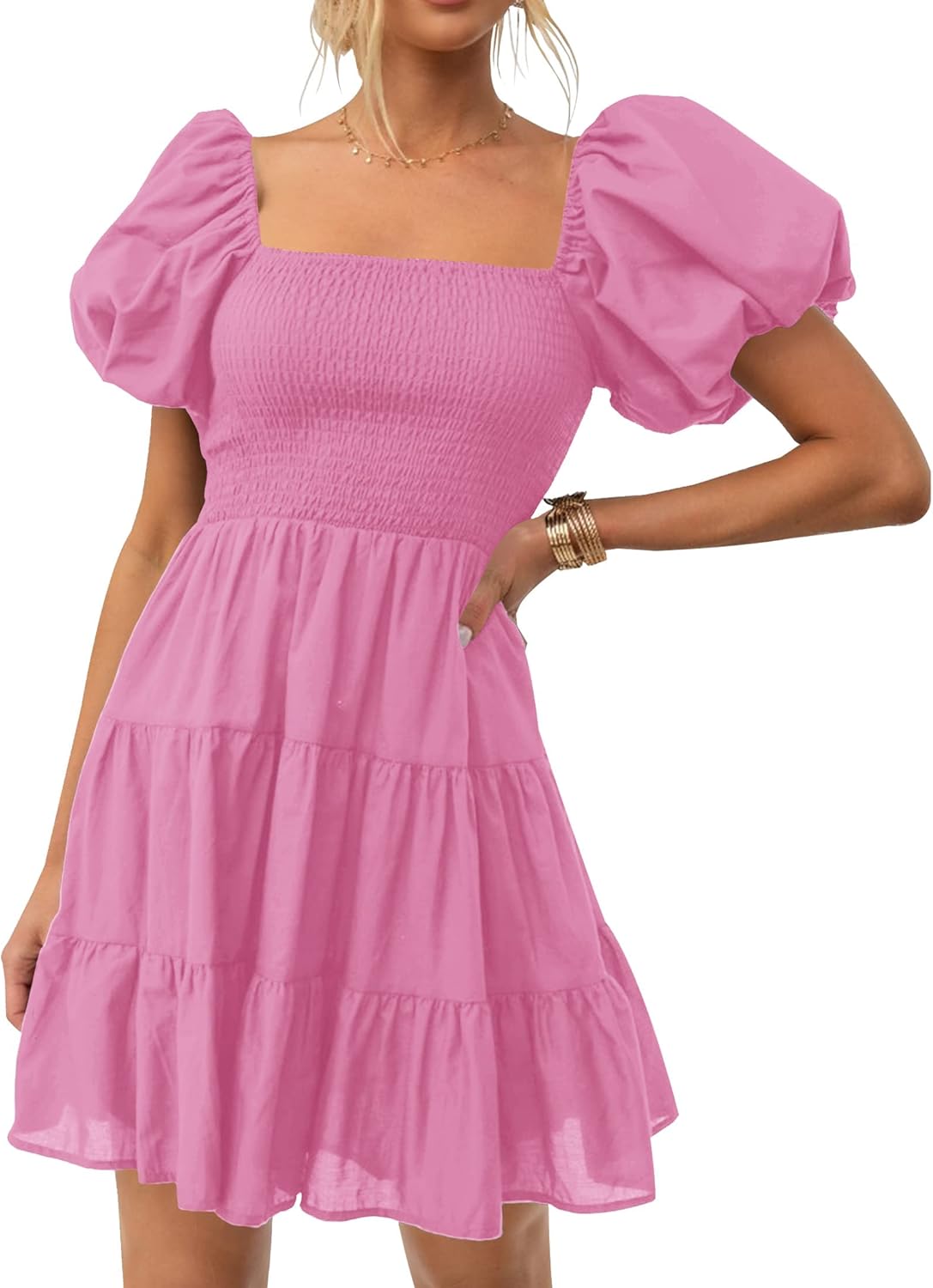 ZESICA Women's Boho 2026 Summer Square Neck Puff Sleeve Off Shoulder Smocked Tiered Casual A Line Short Mini Dress