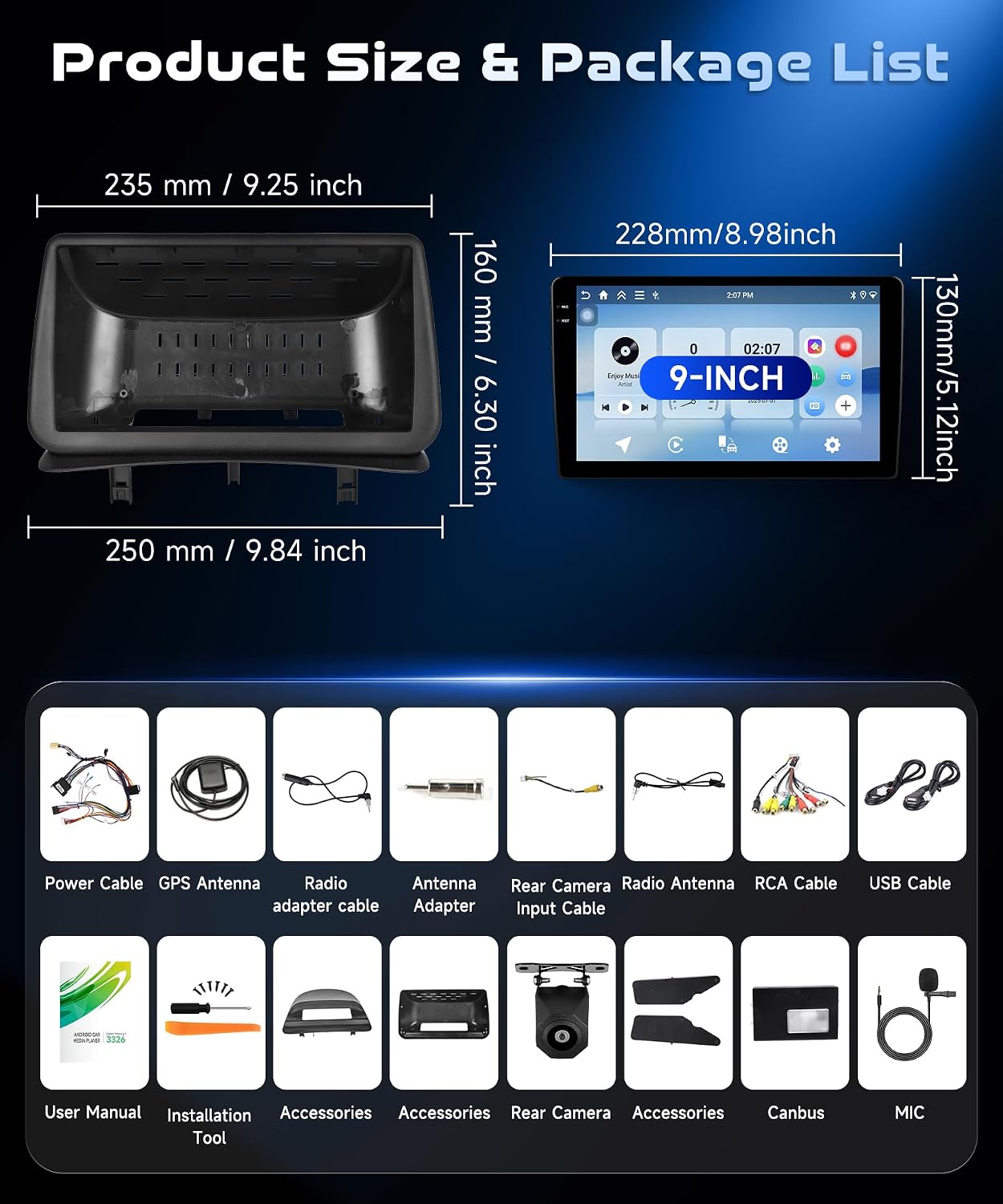 Diagram showing product dimensions and a list of included accessories
