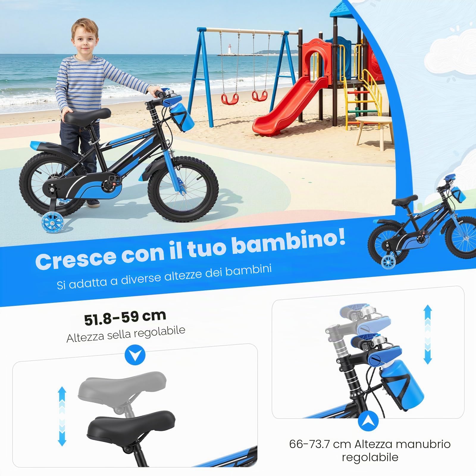 Bici da bambino da 14 pollici per bambini dai 3 ai 7 anni, bicicletta per bambini regolabile con rotelle e bottiglia, portata 60 kg