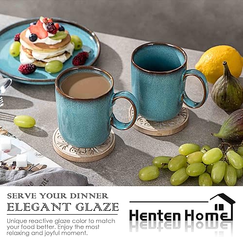 Miniatura 5 de Henten Home Tazas de café de cerámica de 14 onzas, juego de 4 tazas de café verde azulado, tazas de porcelana con asa, tazas de café con leche para