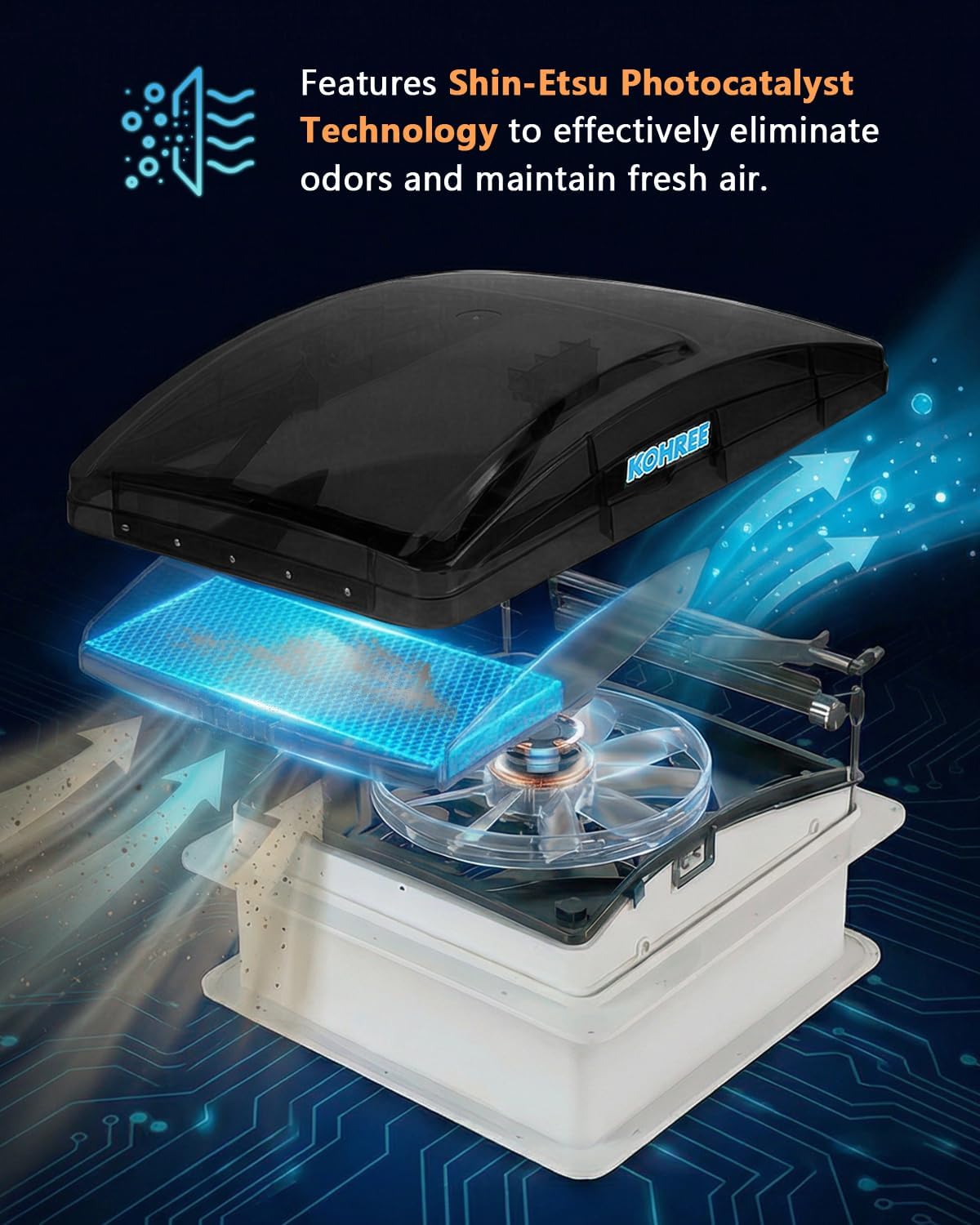 Kohree Deluxe RV Vent Fan, RV Fan and Vent Cover All in One - Powerful 10-Speed Reversible Fan with Thermostat, Built-in Rain Cover, Remote Control, Intake & Exhaust Fan, Black