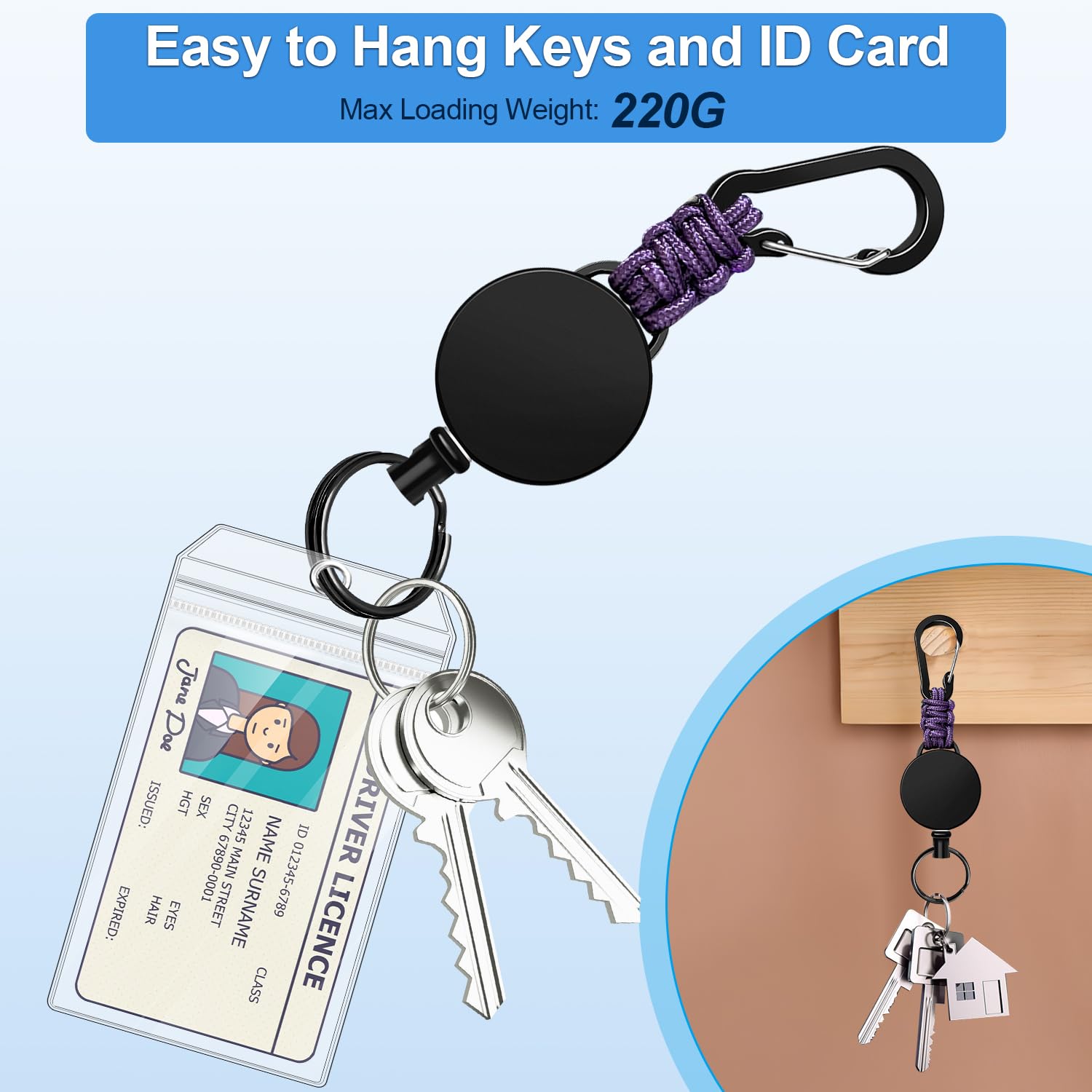 Retractable Keychain 3 Pack Heavy Duty Carabiner Badge Holder Extendable Badge Reel ID Holder Key Ring with 60 cm Steel Retractable Cord and Paracord