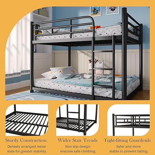 Miniatura 4 de Litera de metal, marco de cama de tamaño matrimonial, litera individual sobre matrimonial con barandilla de seguridad y escalera, literas