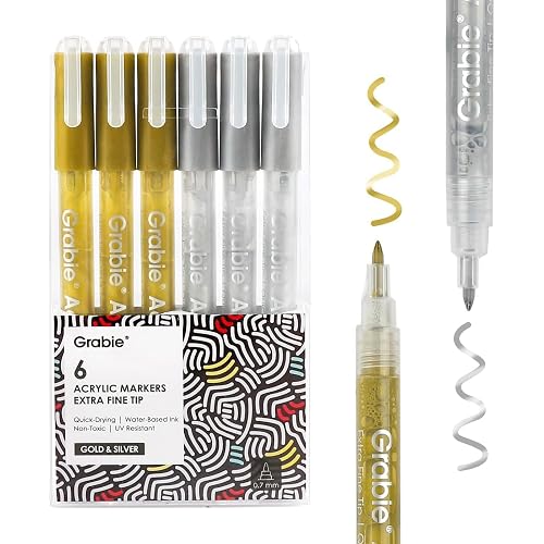 Grabie 0.7 mm Acrylic Paint Markers, Pack of 6 gold & silver Pens
