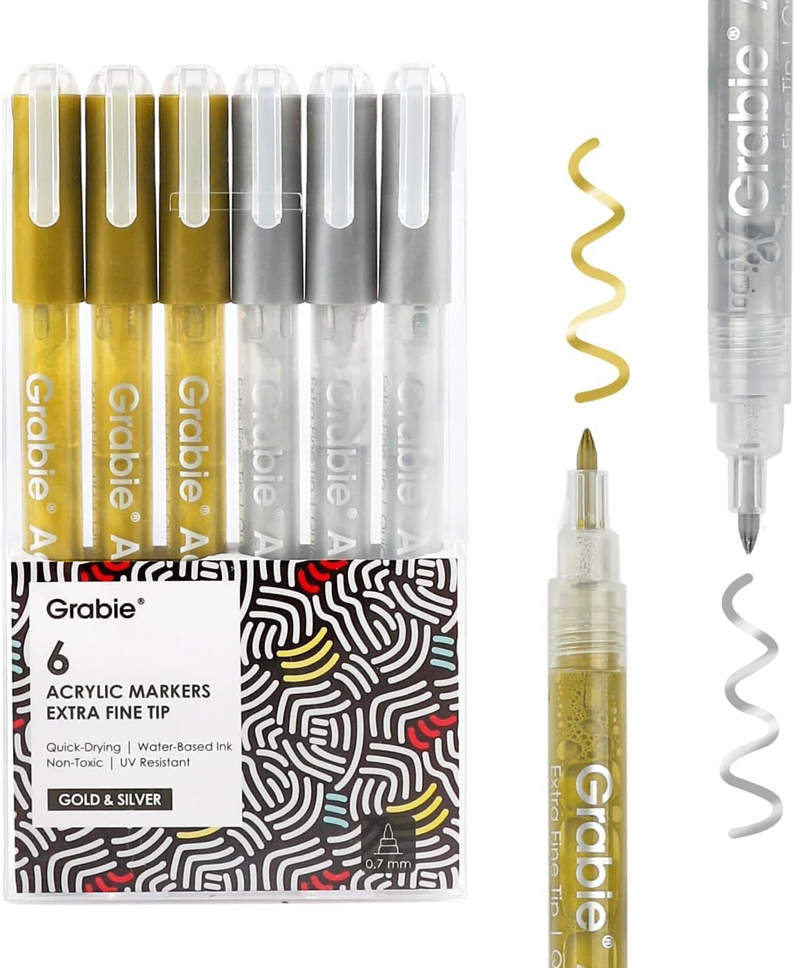 Grabie 0.7 mm Acrylic Paint Markers, Pack of 6 gold & silver Pens | Rich Glossy Metallic…